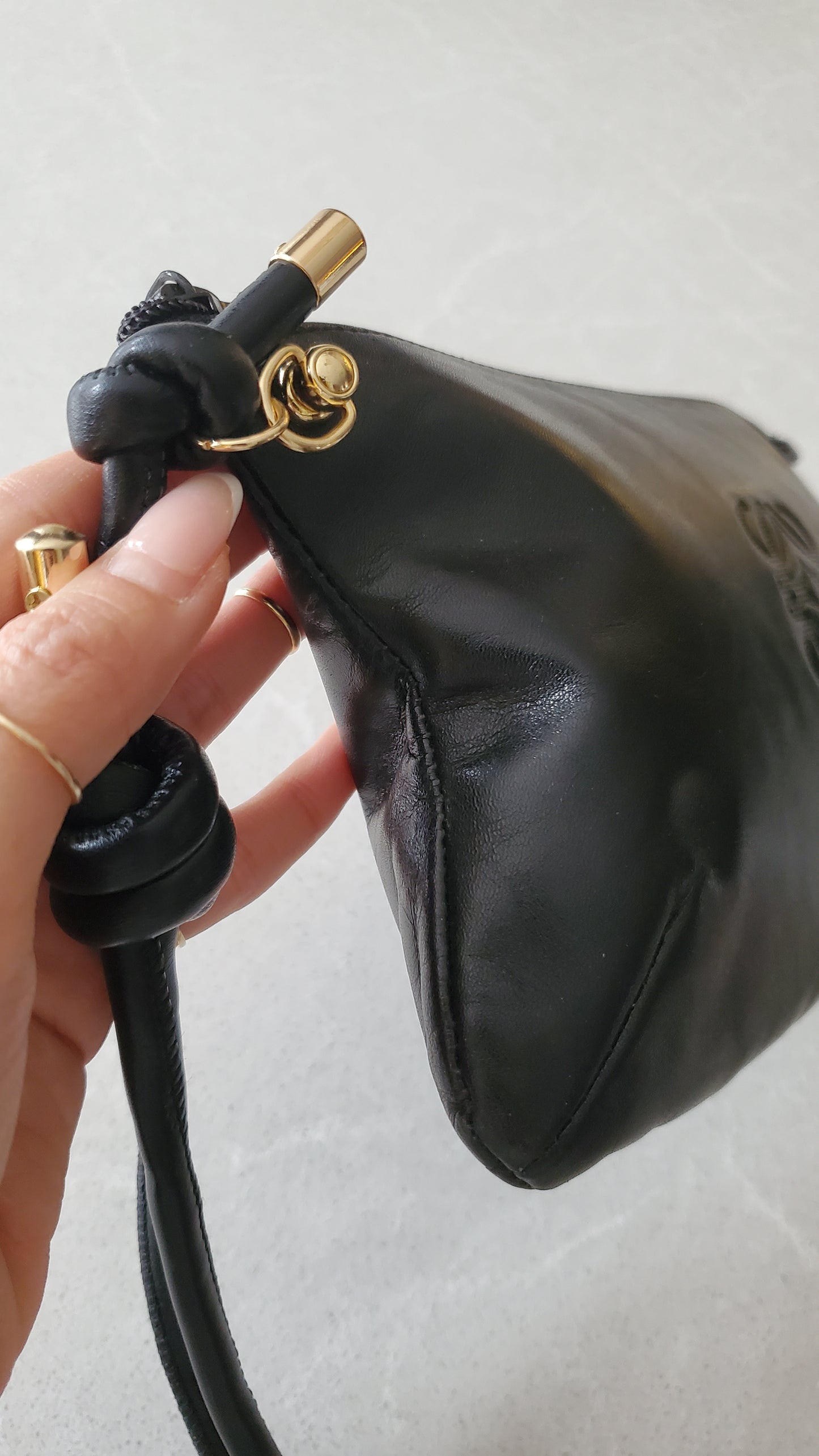Authentic Vintage Loewe Upcycle Black Leather Perfect Size Pouch with Strap