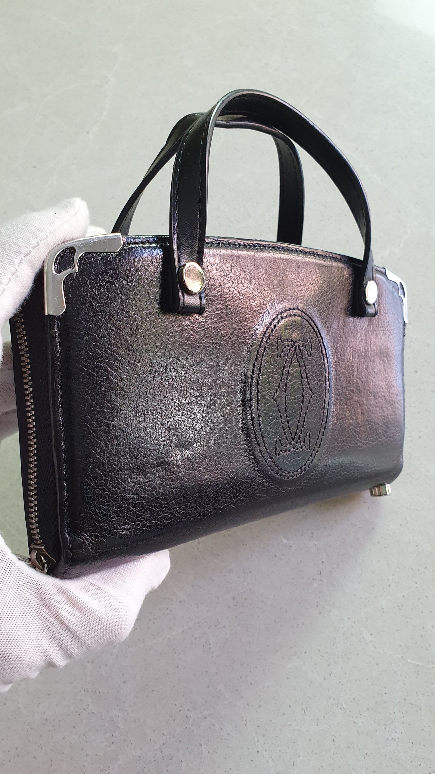 Authentic Vintage Cartier Upcycle Black Leather Wallet with Two Handles