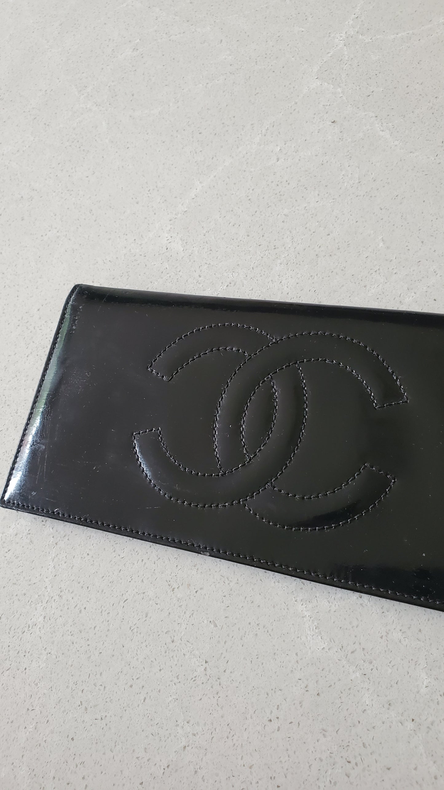 Authentic Chanel Black Patent Flat Flap Wallet