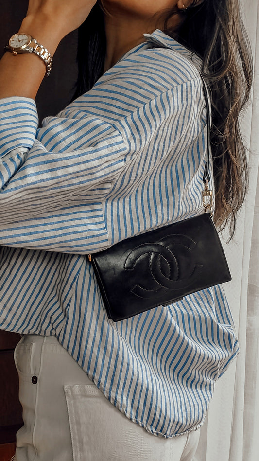 Authentic Chanel Upcycle Black Lambskin Shoulder Wallet with Strap