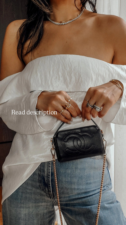 Authentic Chanel Upcycle Mini Black Caviar Pouch with Strap & Chain