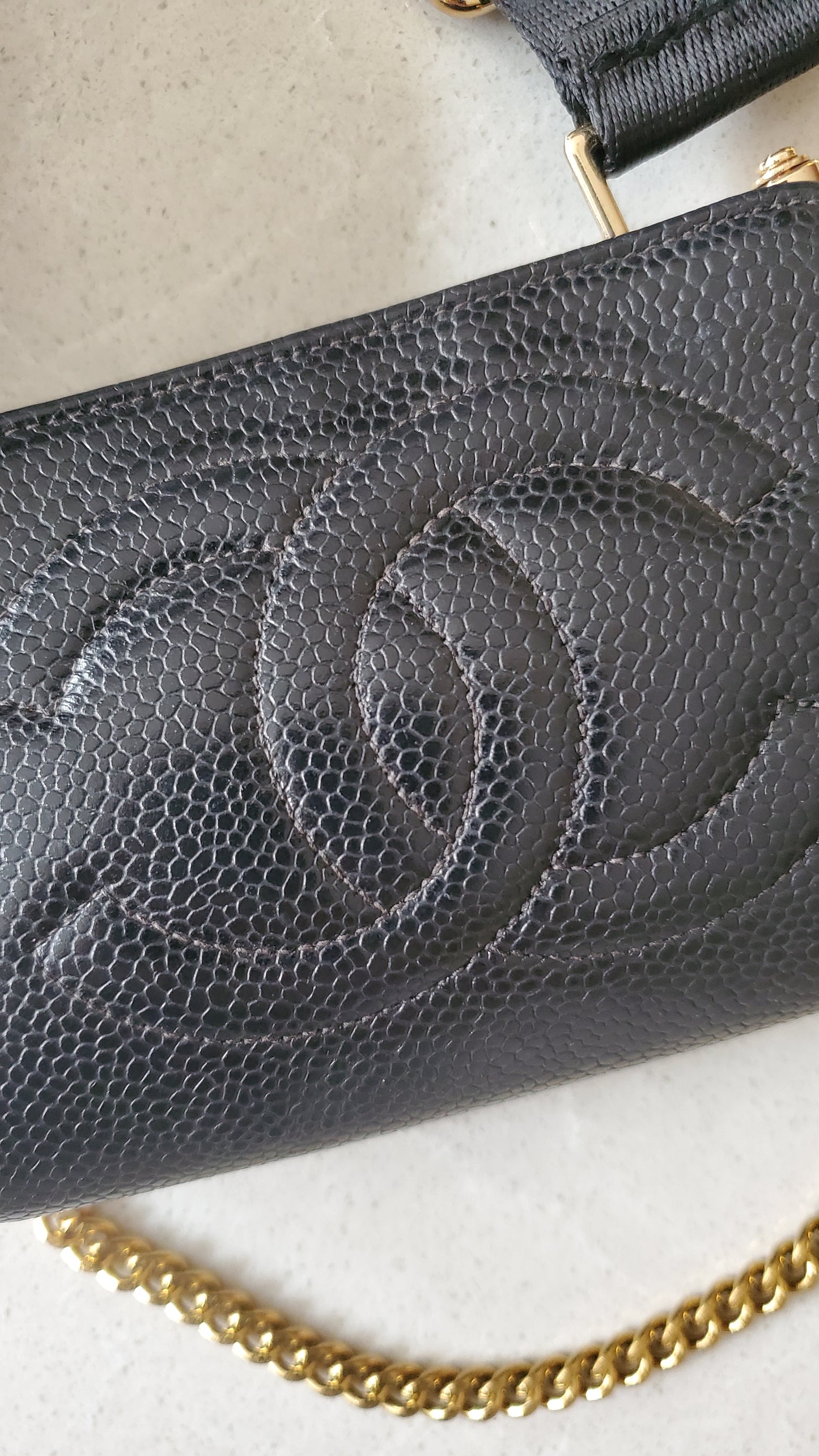 Authentic Chanel Upcycle Black Caviar Small Pouch on Chain & Strap