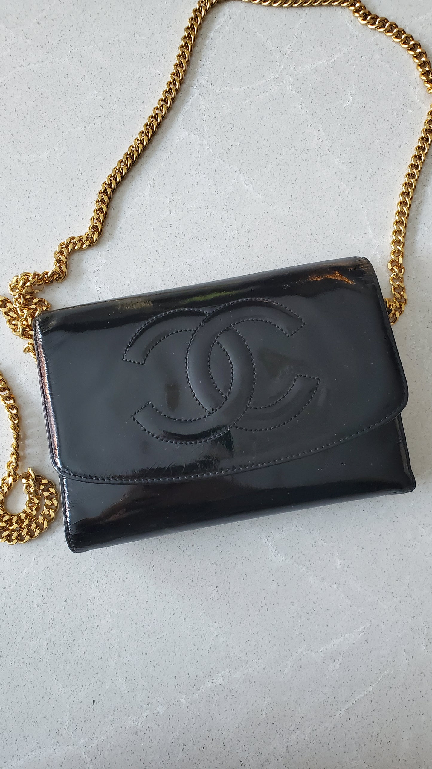 Authentic Vintage Chanel Upcycle Black Patent Compact Wallet on Chain