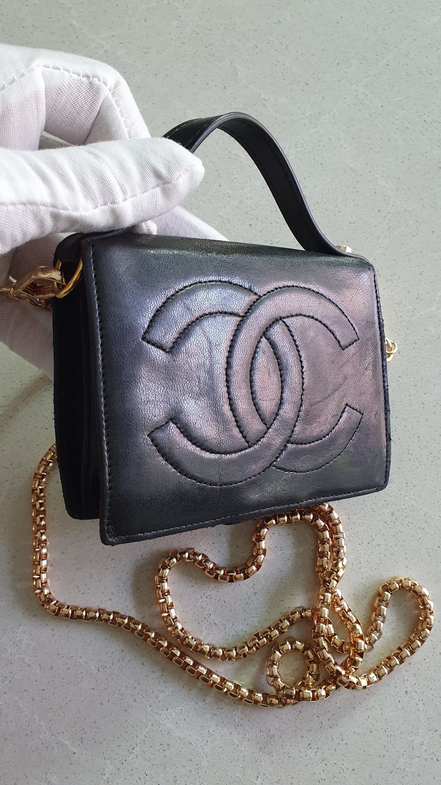 Authentic Chanel Upcycle Small Black Leather Wallet with Strap and Chain