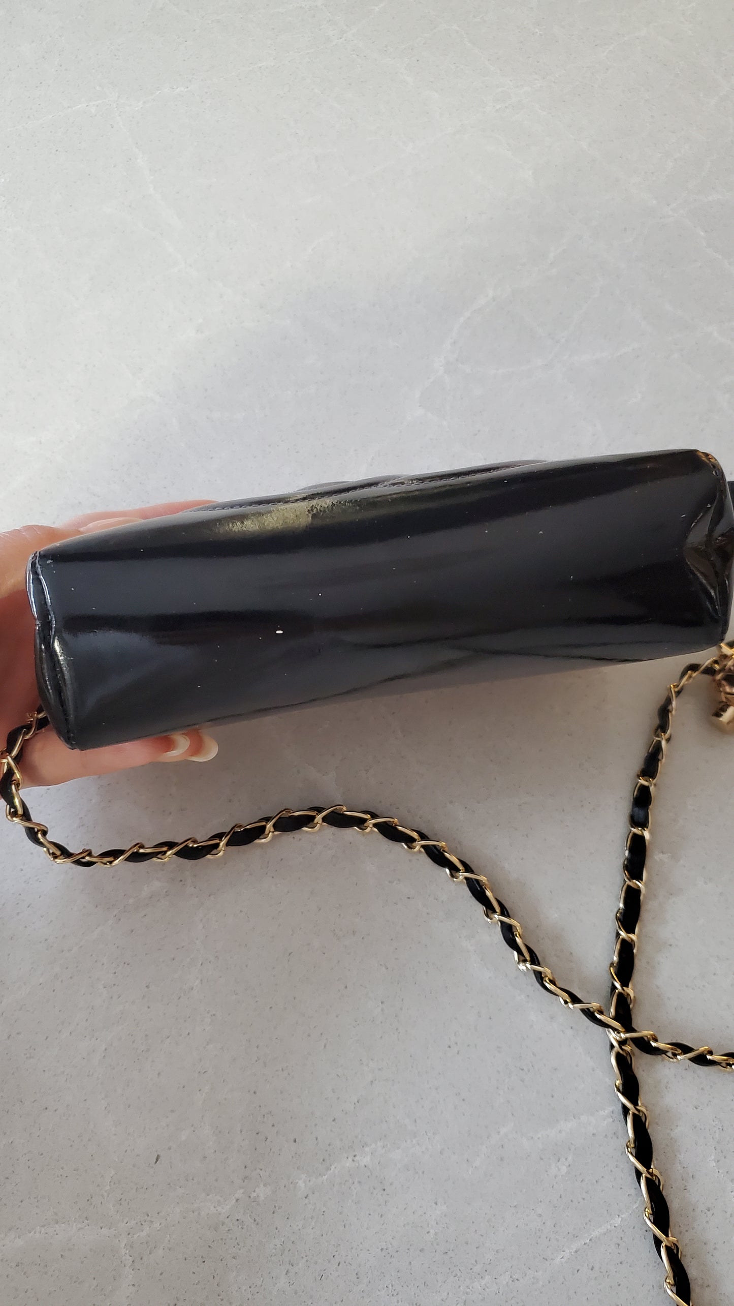Authentic Vintage Chanel Upcycle Black Patent Pouch with Chain