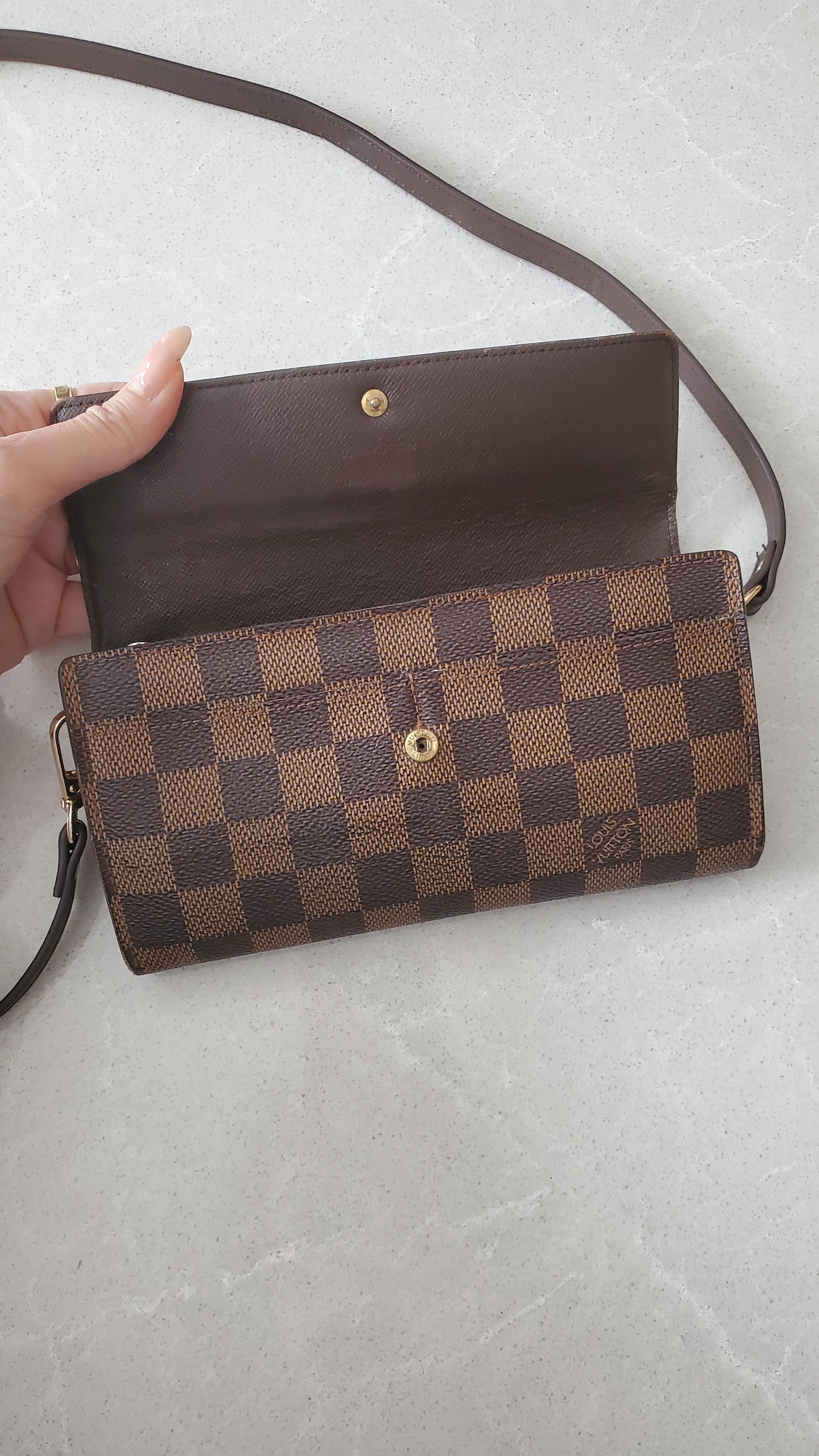Authentic Vintage Louis Vuitton Brown Damier Upcycle Long Wallet with Strap
