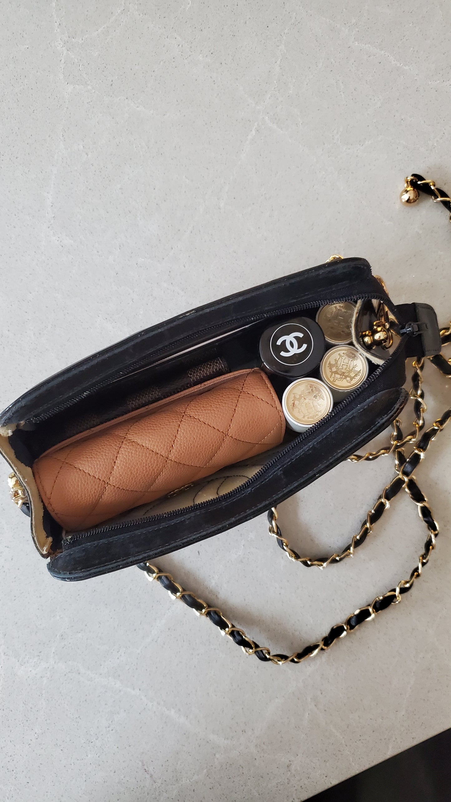 Authentic Vintage Chanel Upcycle Black Patent Pouch with Chain