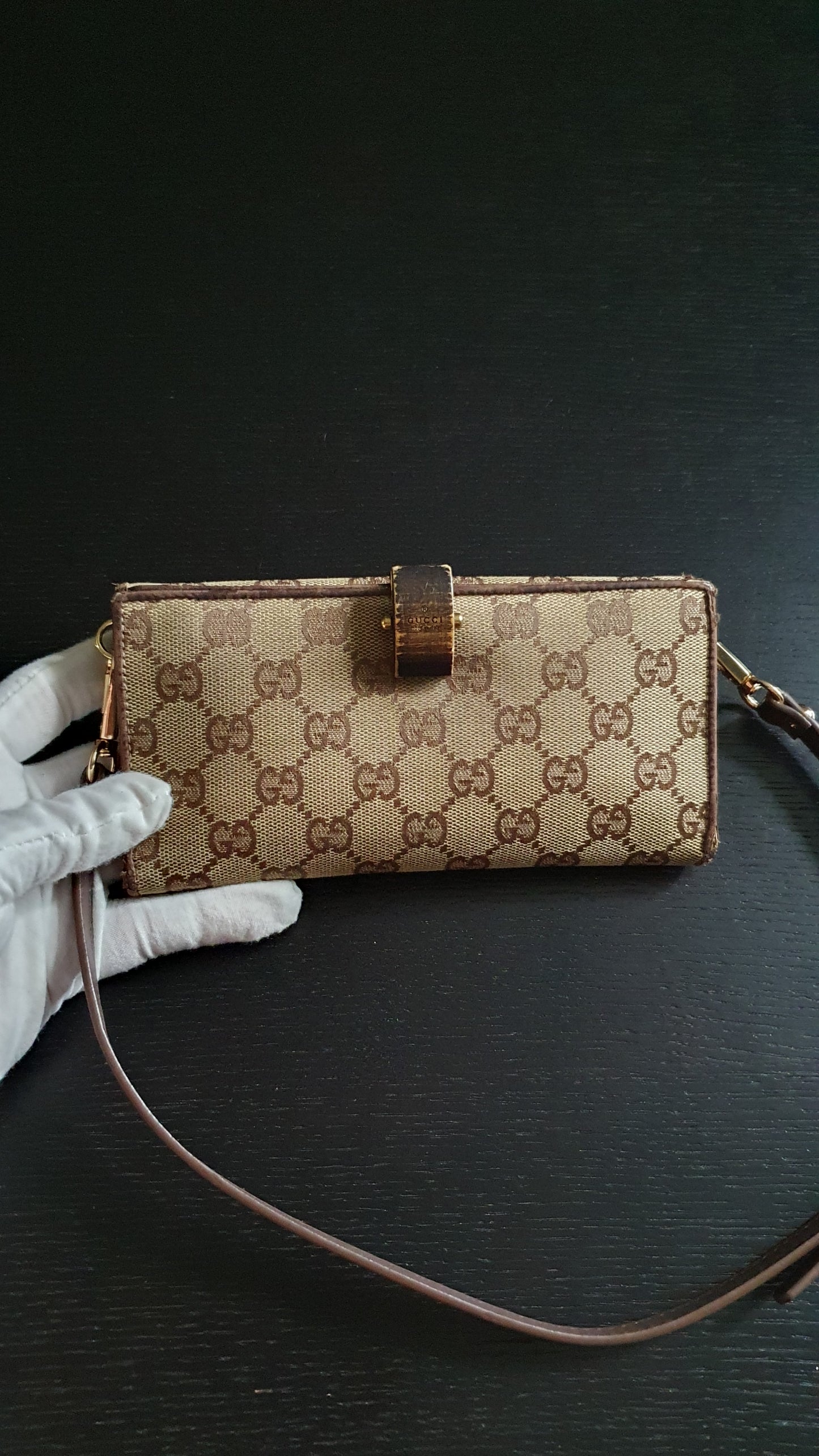 Authentic Gucci Upcycle Brown Wallet with Shoulder Strap