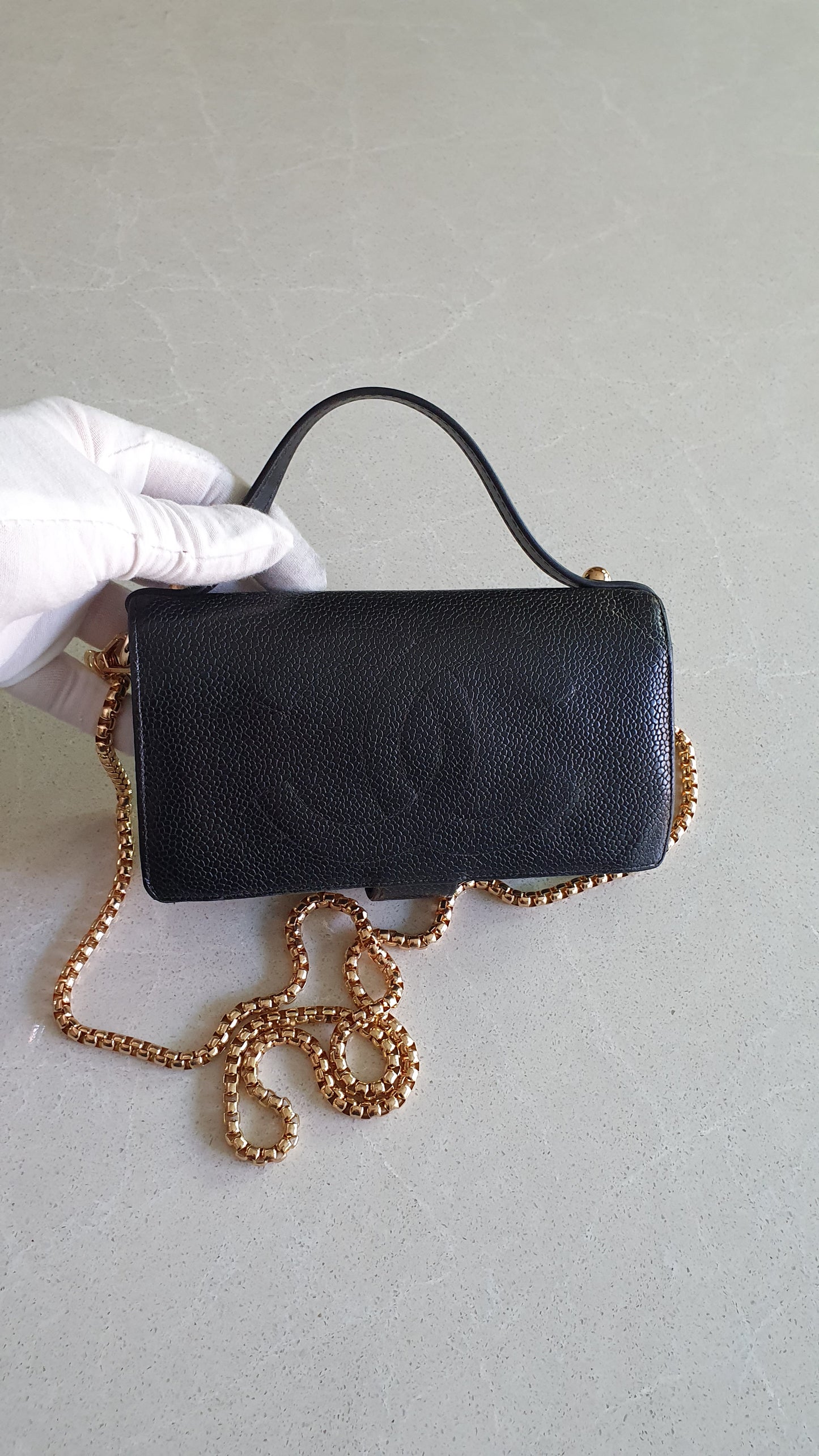 Authentic Chanel Upcycle Black Caviar Long Wallet with Strap & Chain