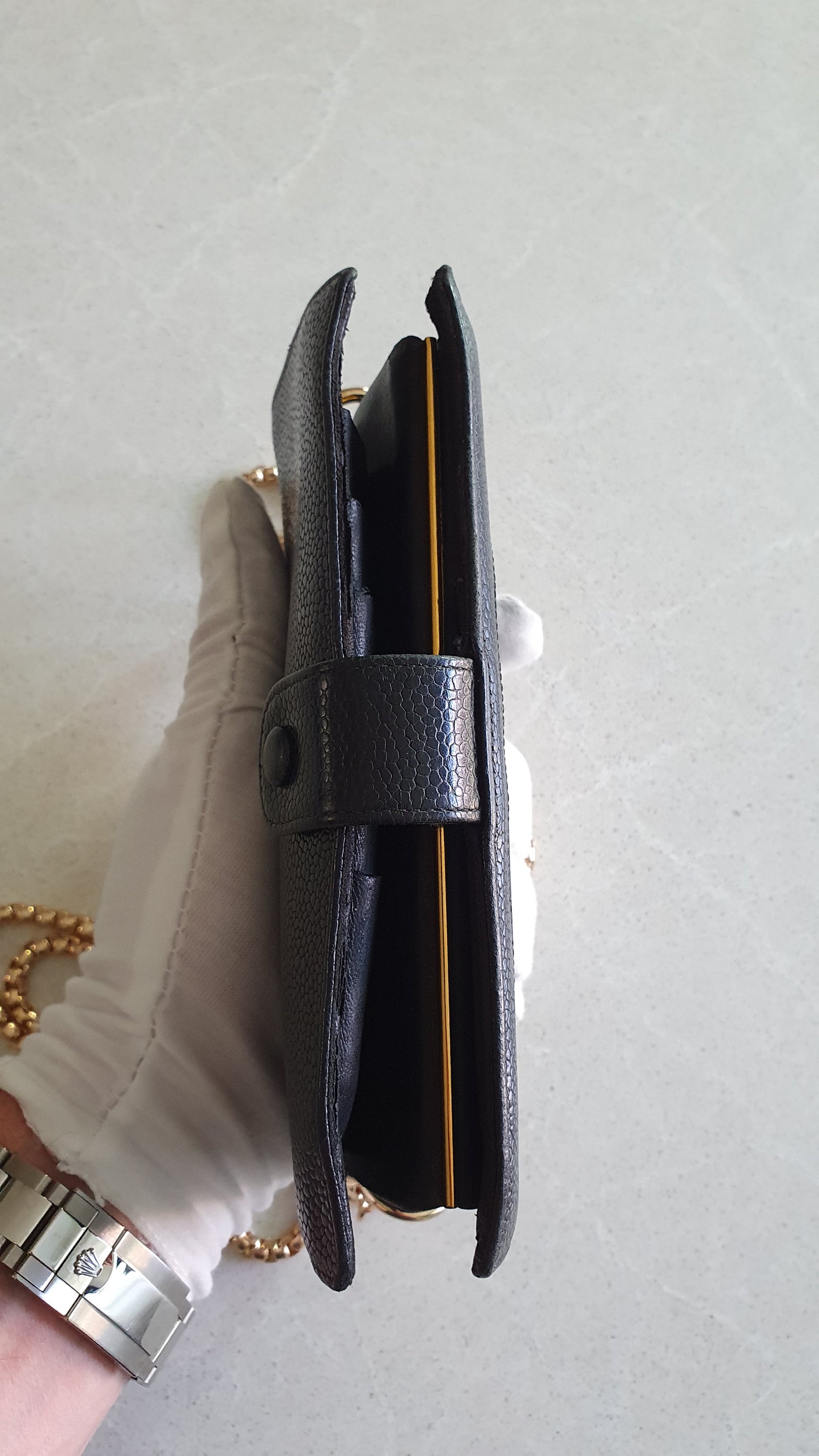 Authentic Chanel Upcycle Black Caviar Long Wallet with Strap & Chain
