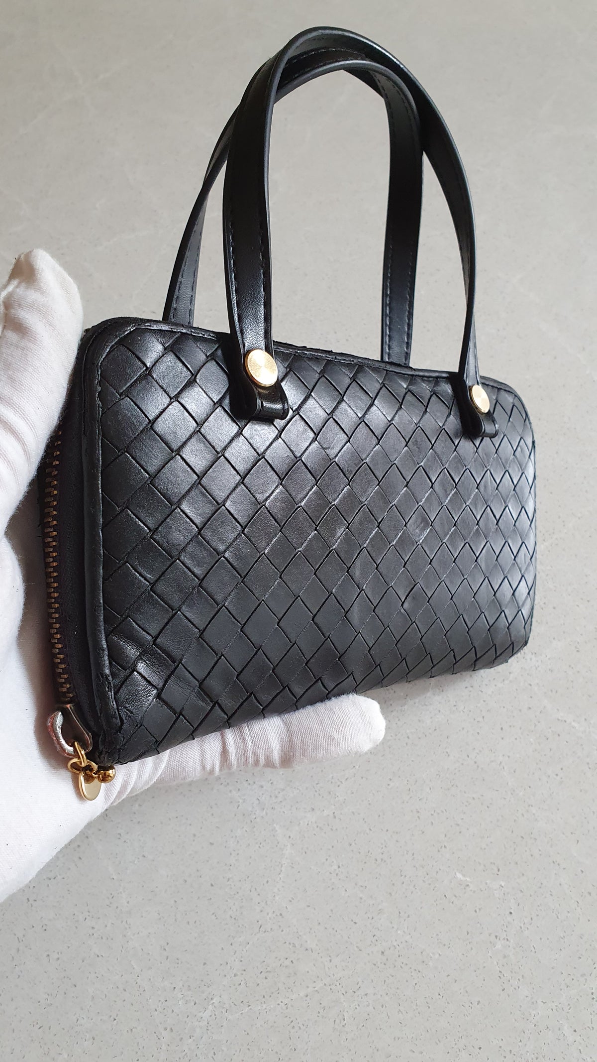 Authentic Bottega Veneta Upcycle Black Zip Wallet with Two Handles