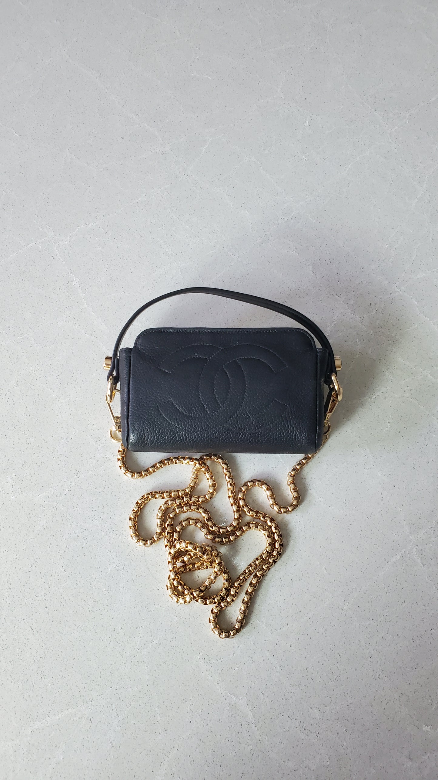 Authentic Chanel Upcycle Mini Black Caviar Pouch with Strap & Chain