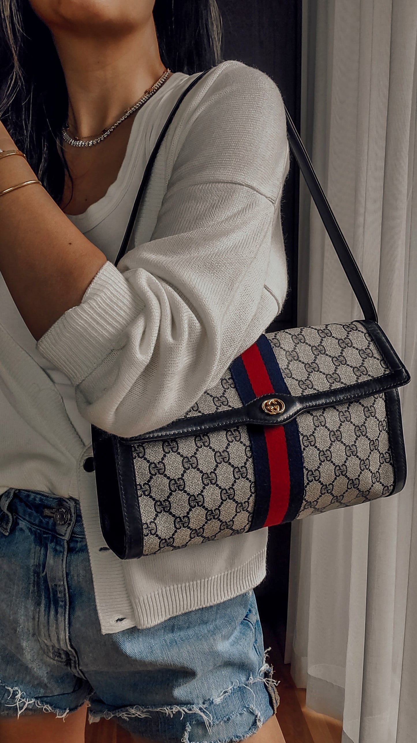 Authentic Vintage Gucci Upcycle (Dark Navy) Large Purse with Shoulder Strap