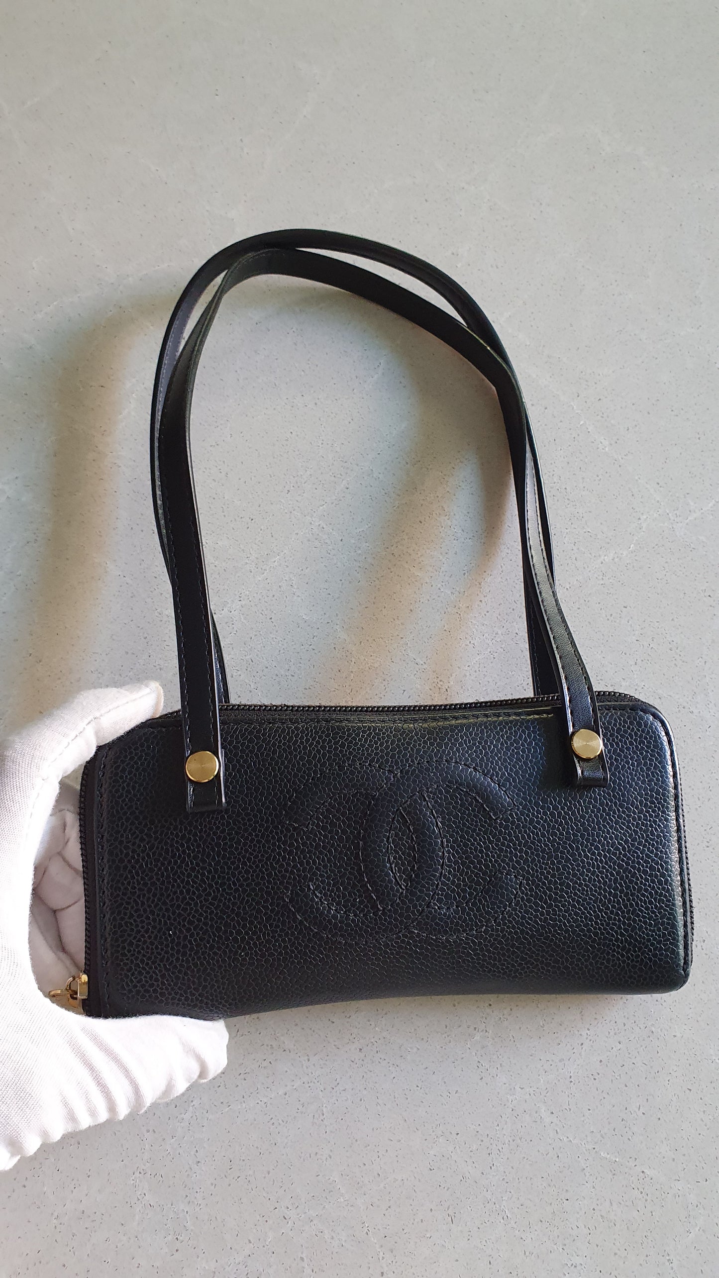 Authentic Chanel Upcycle Black Caviar Wallet with Shoulder Straps