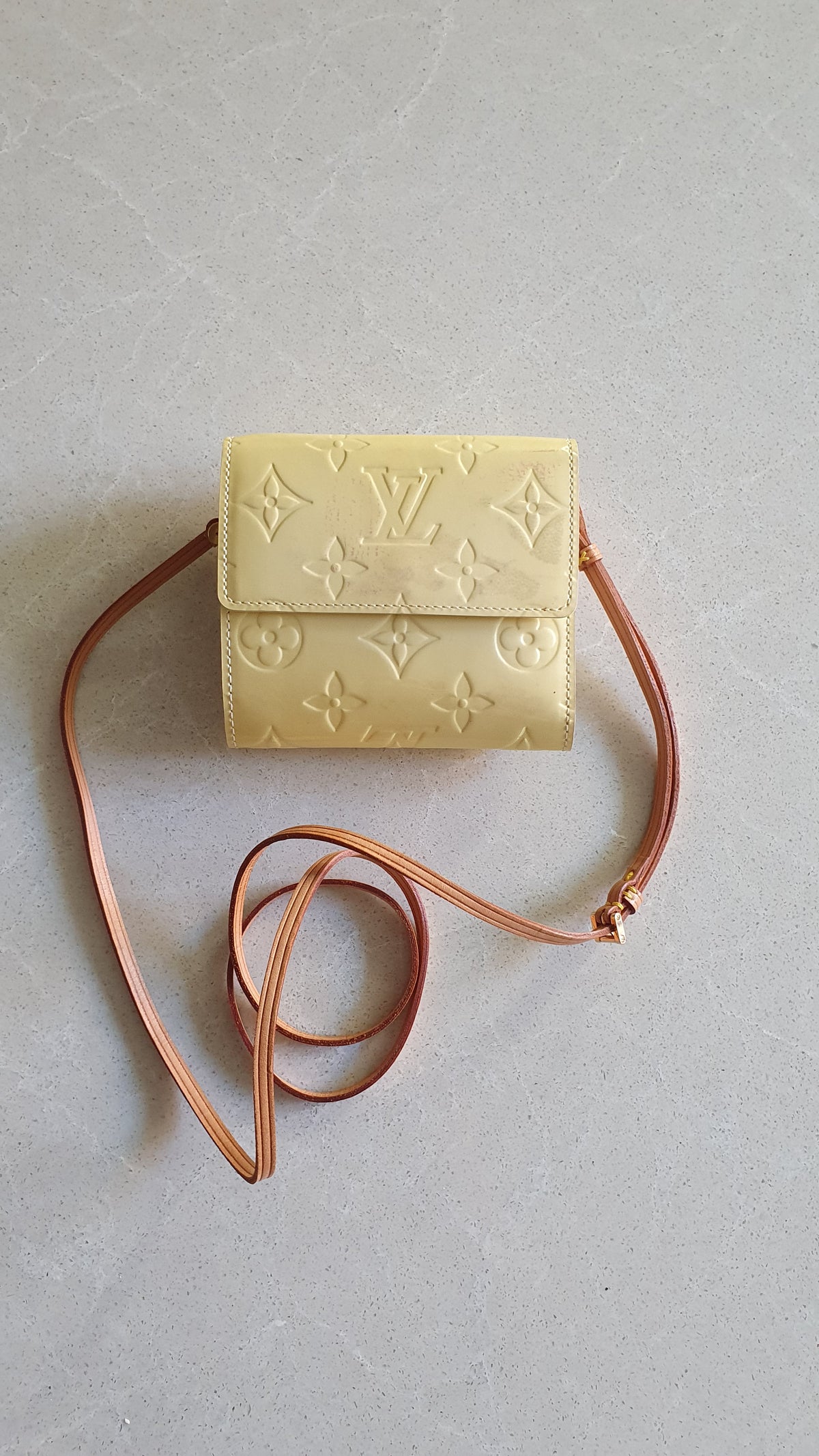 Authentic Louis Vuitton Upcycle Small Yellow Vernis Compact Wallet with Strap