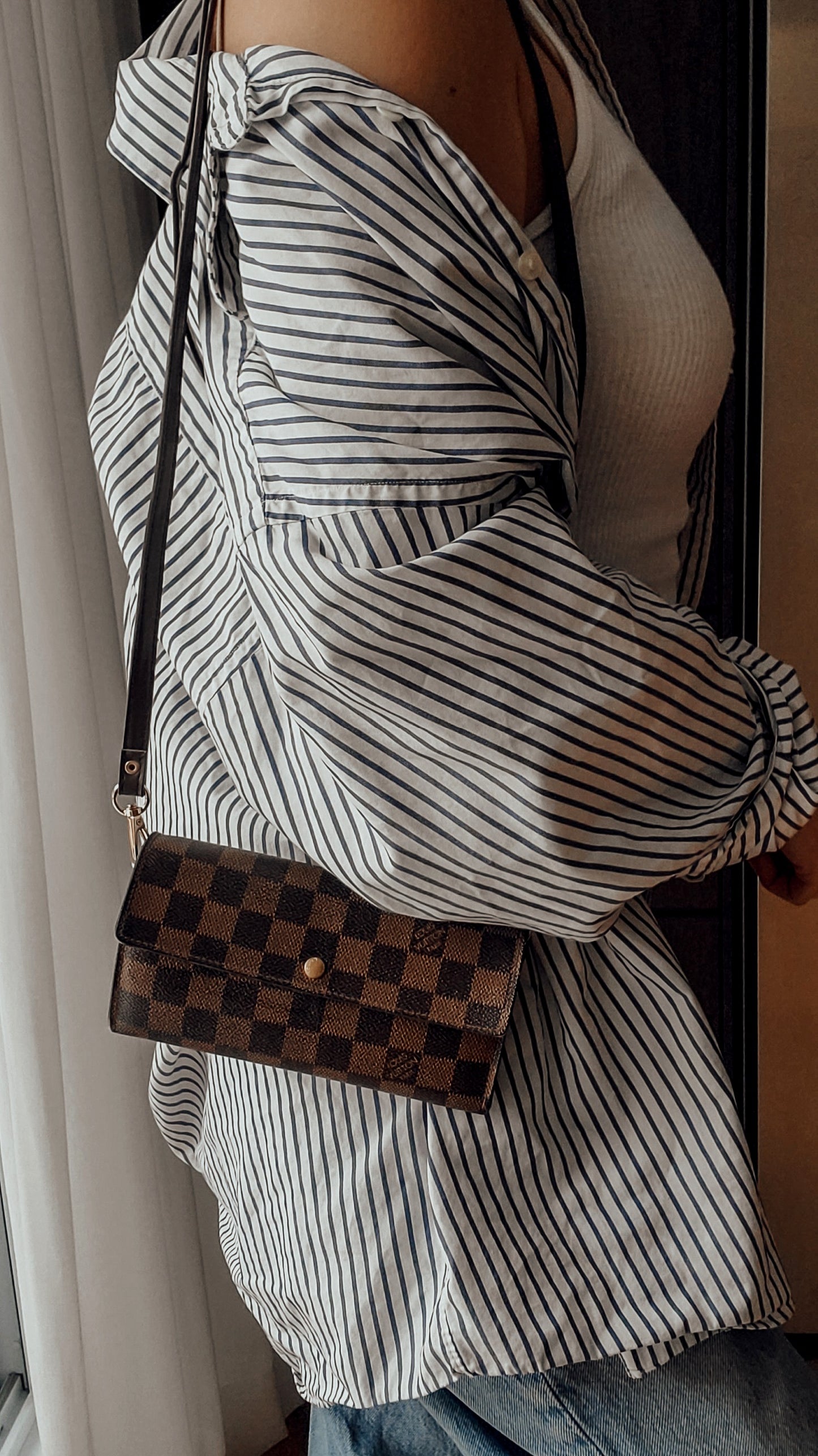 Authentic Vintage Louis Vuitton Brown Damier Upcycle Long Wallet with Strap