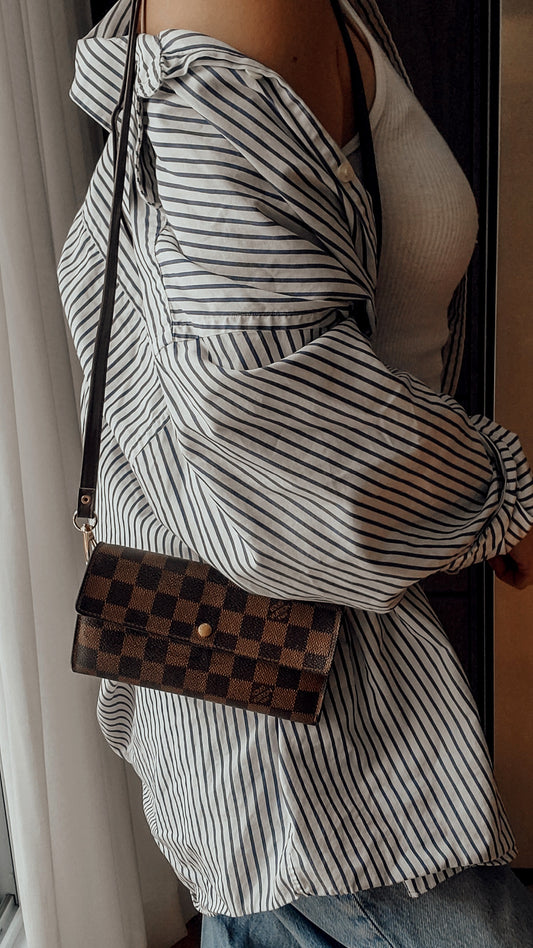 Authentic Vintage Louis Vuitton Brown Damier Upcycle Long Wallet with Strap