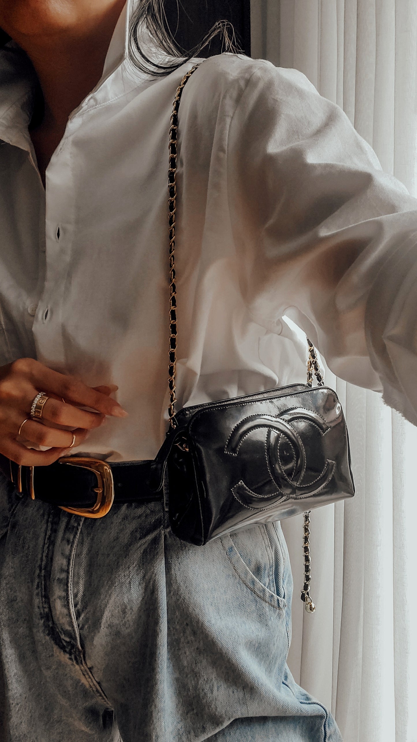 Authentic Vintage Chanel Upcycle Black Patent Pouch with Chain