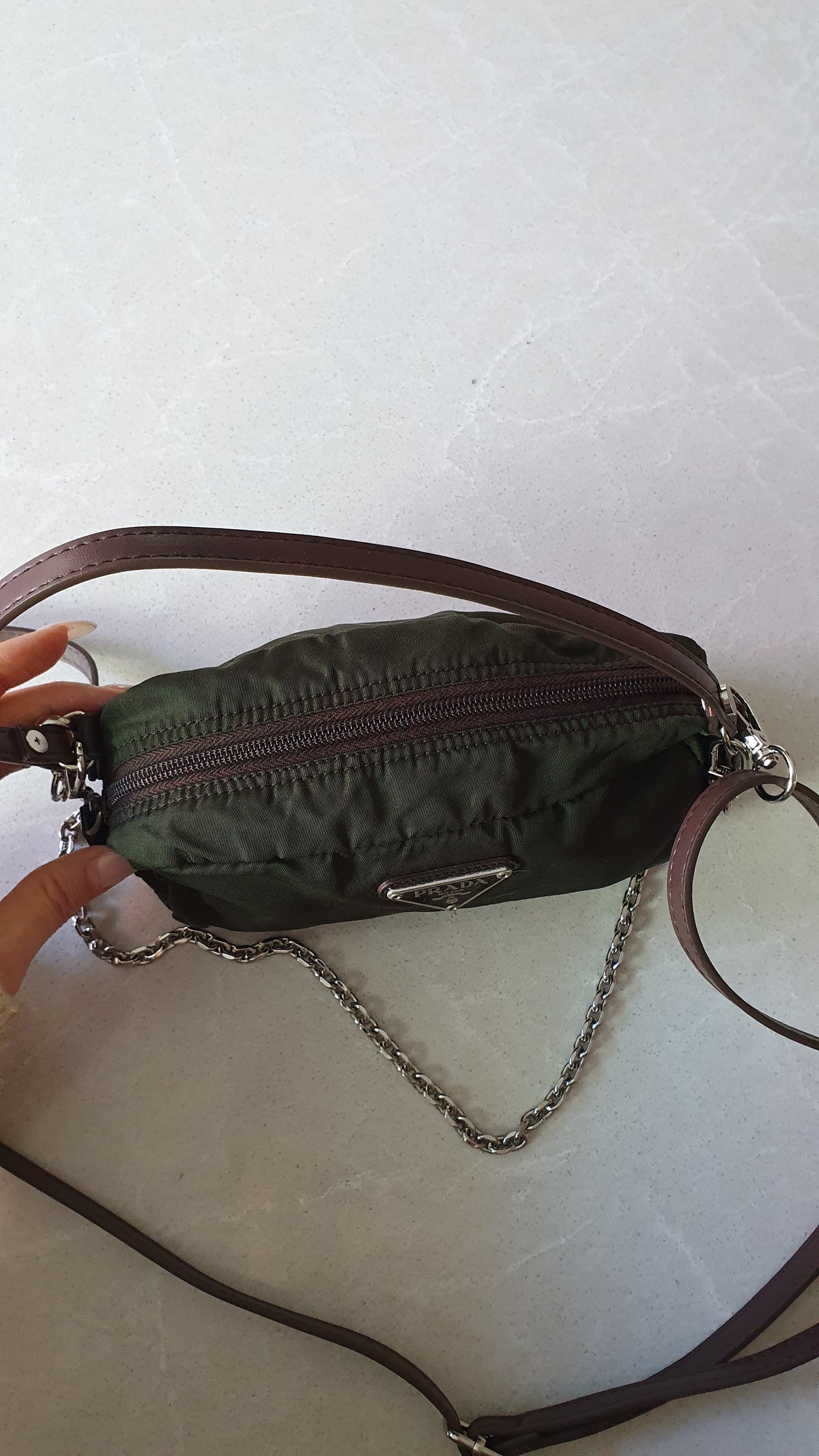Authentic Prada Upcycle Versatile Dark Green (2) Pouch with Straps & Chain