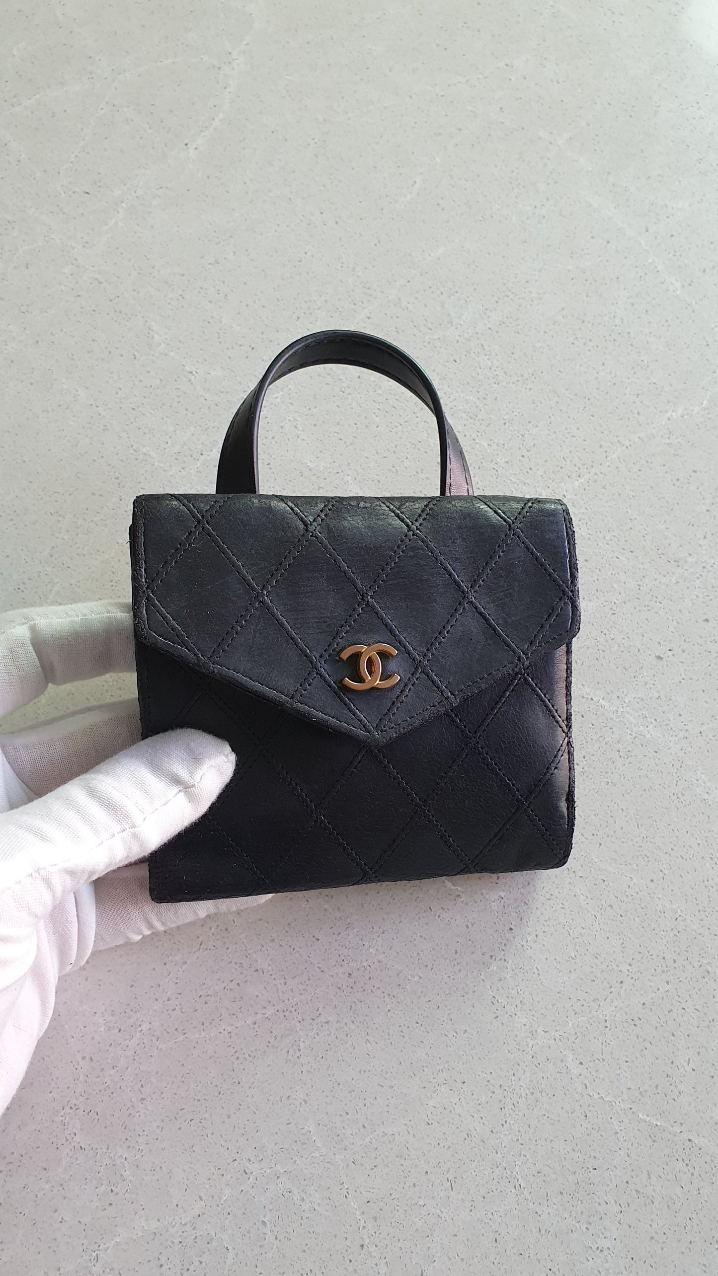 Authentic Chanel Upcycle Small Black Compact Wallet with Single Handle