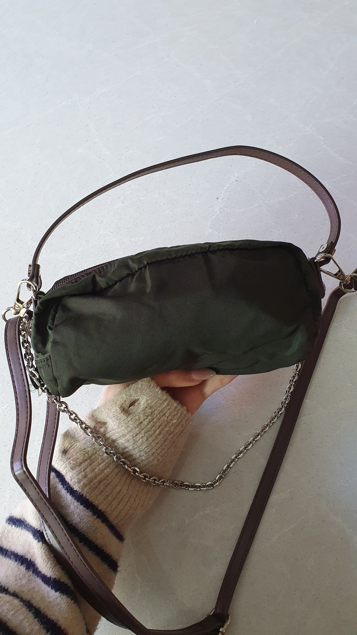 Authentic Prada Upcycle Versatile Dark Green (2) Pouch with Straps & Chain