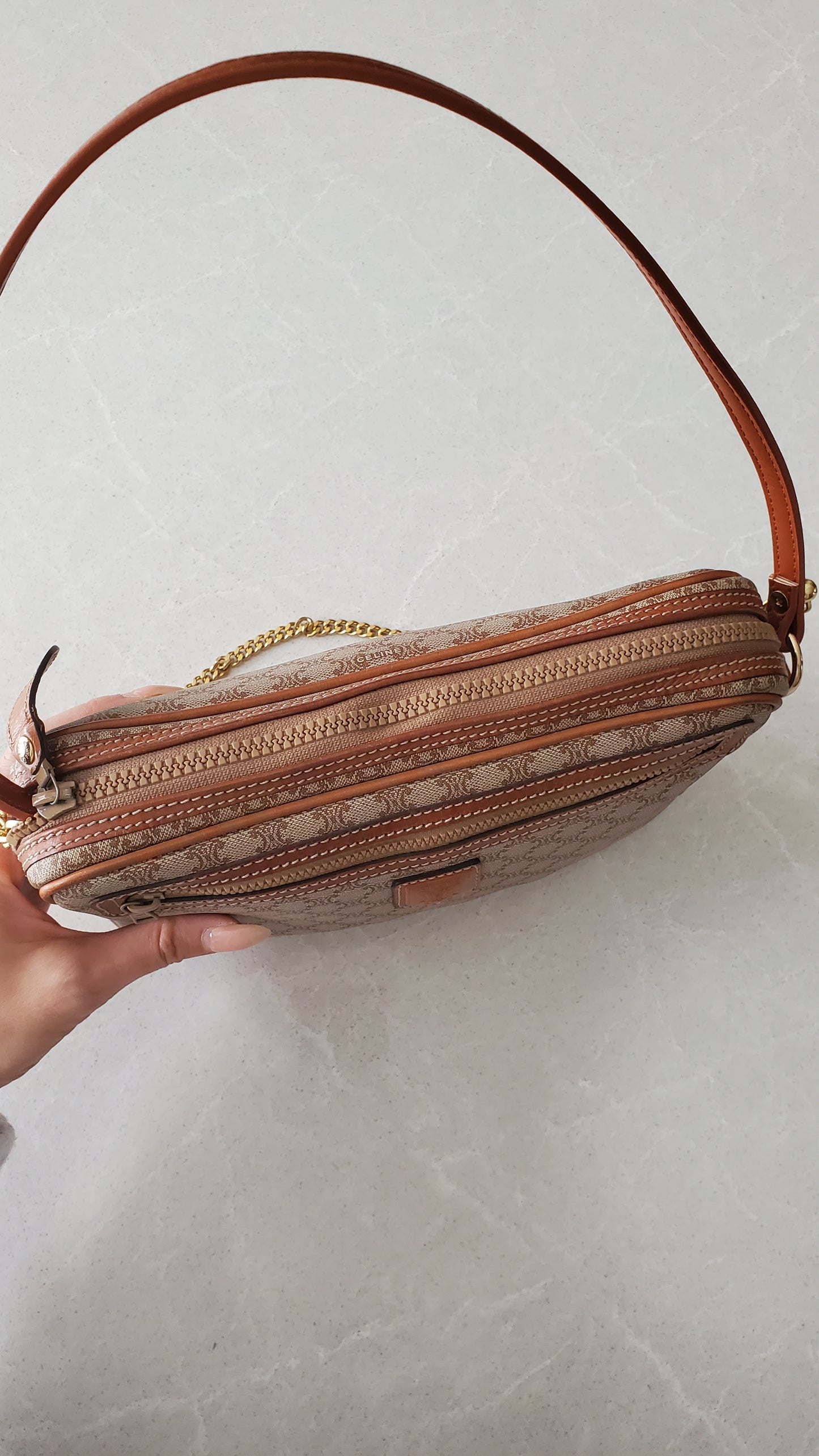 Authentic Vintage Celine Upcycle Tan Shoulder Purse with Chain & Strap