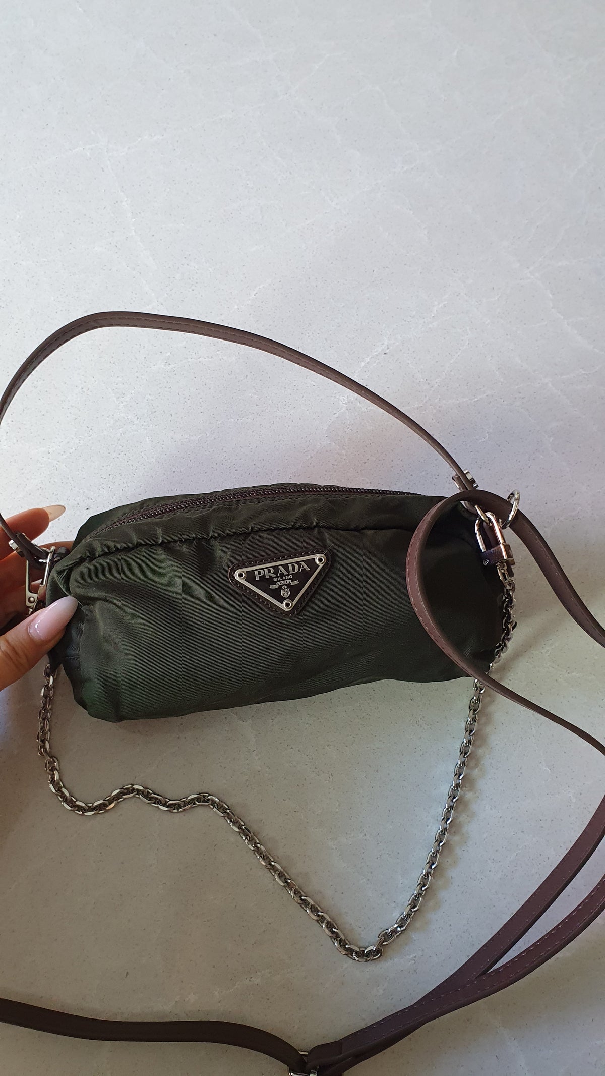 Authentic Prada Upcycle Versatile Dark Green (2) Pouch with Straps & Chain