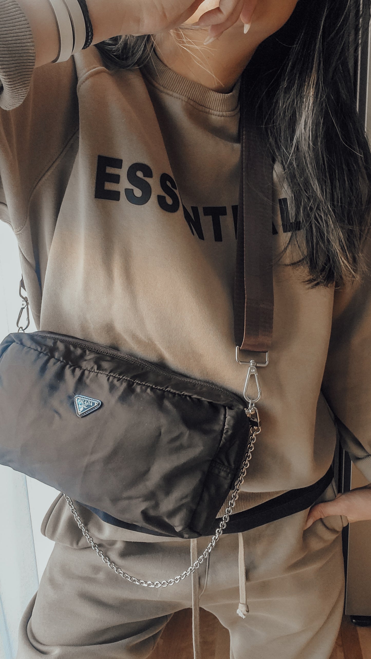 Authentic Prada (Dark Green/ Brown) Upcycle Large Nylon Pouch with Chain & Strap