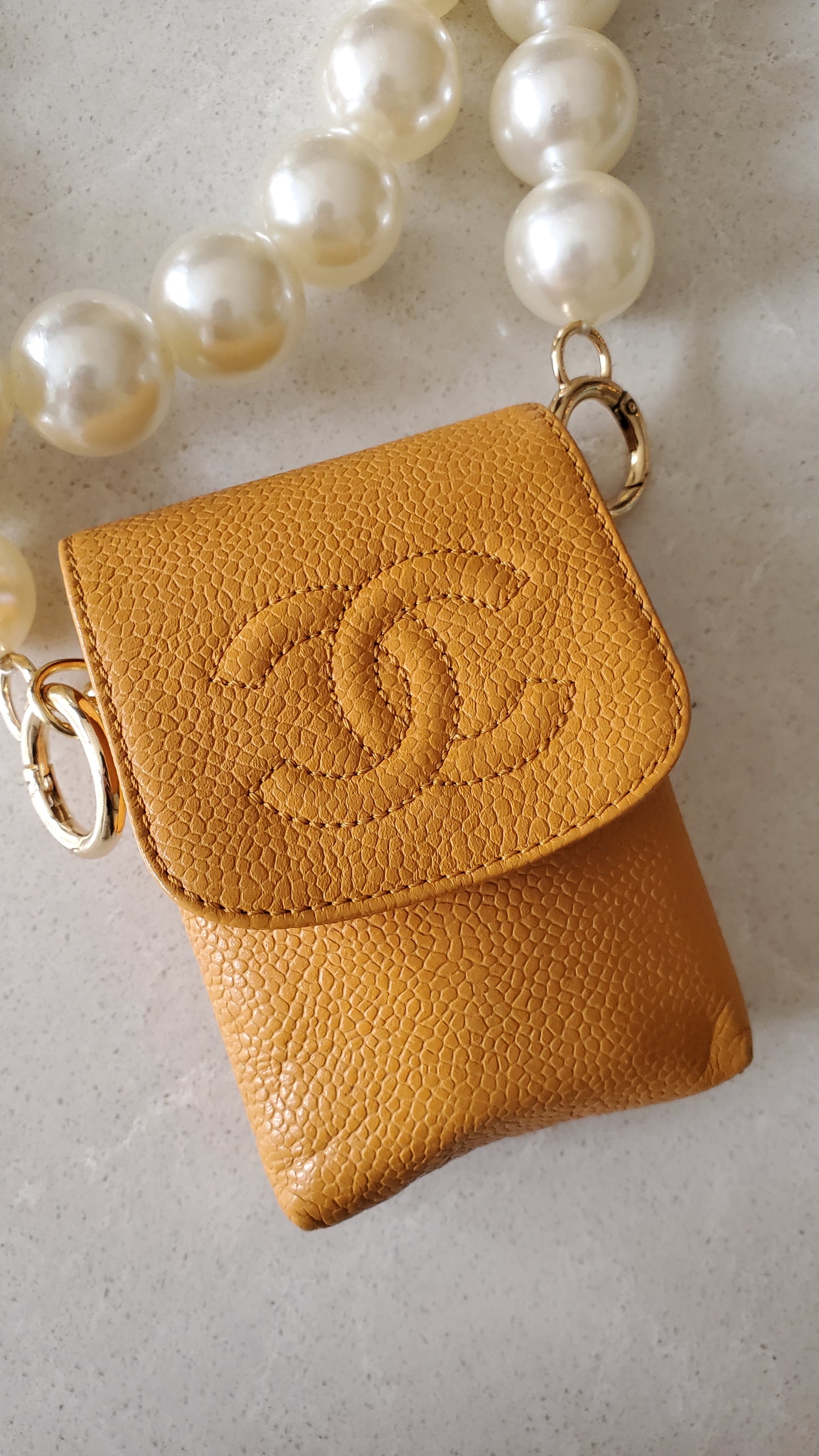 *Rare* Authentic Vintage Chanel Upcycle Yellow Caviar Pouch on Chain (2 chain options)