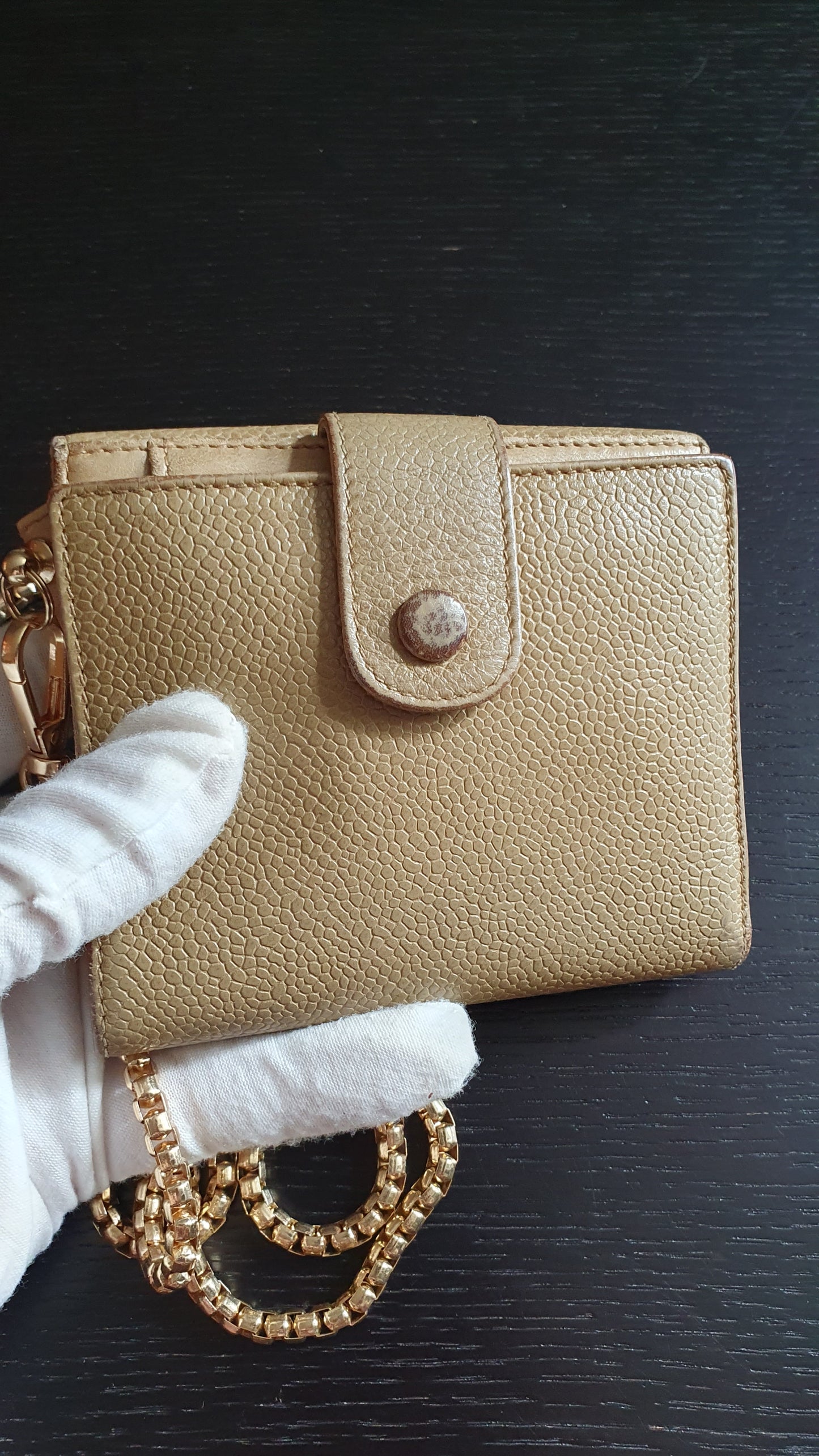 Authentic Chanel Upcycle (Tan) Small Compact Caviar Wallet with Chain