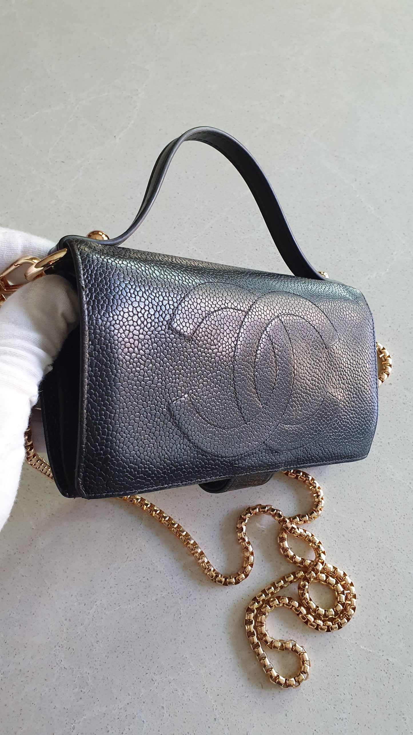 Authentic Chanel Upcycle Black Caviar Long Wallet with Strap & Chain