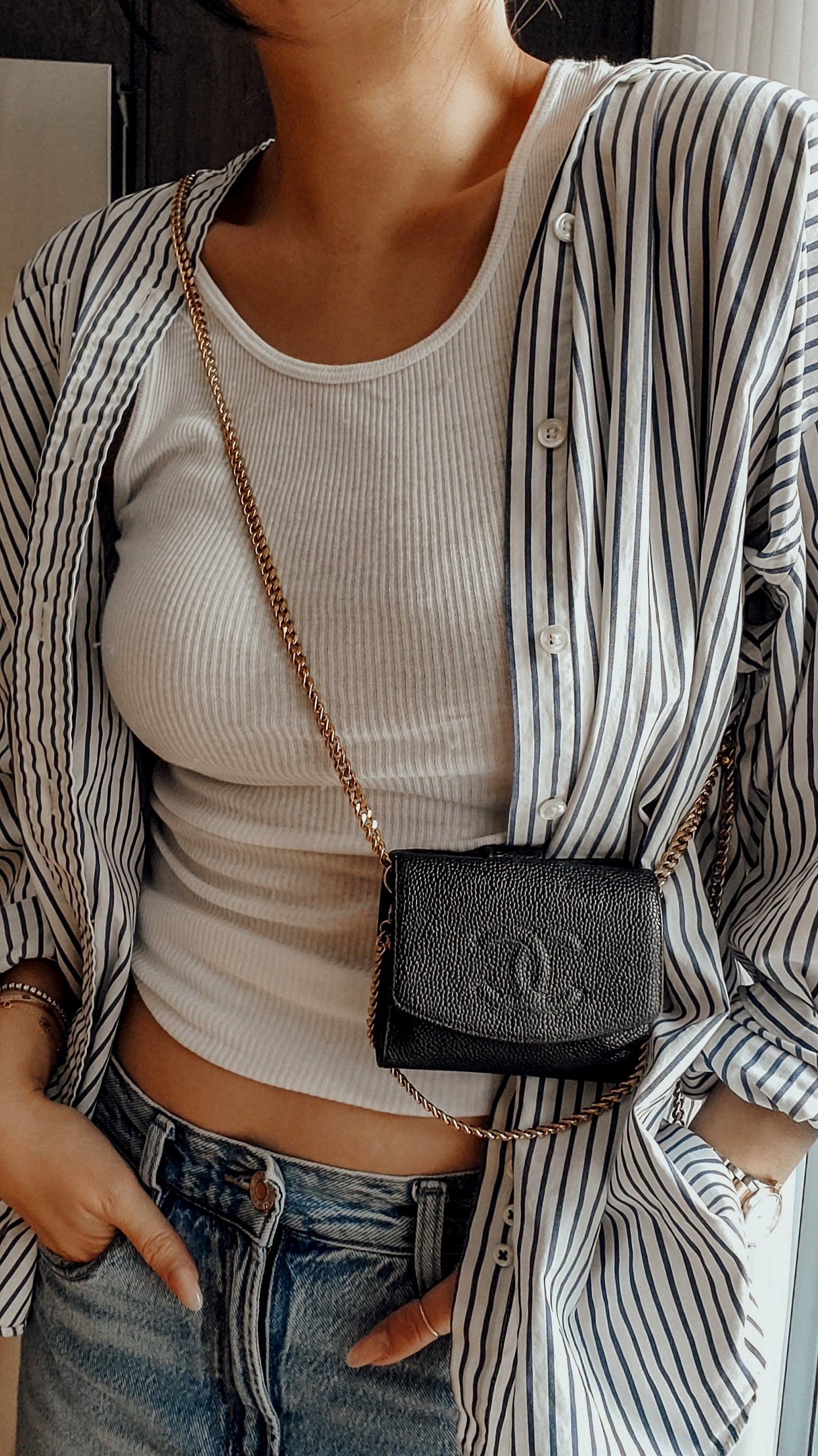 Authentic Vintage Chanel Upcycle Black Caviar Compact Wallet on Chain