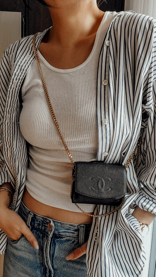 Authentic Vintage Chanel Upcycle Black Caviar Compact Wallet on Chain