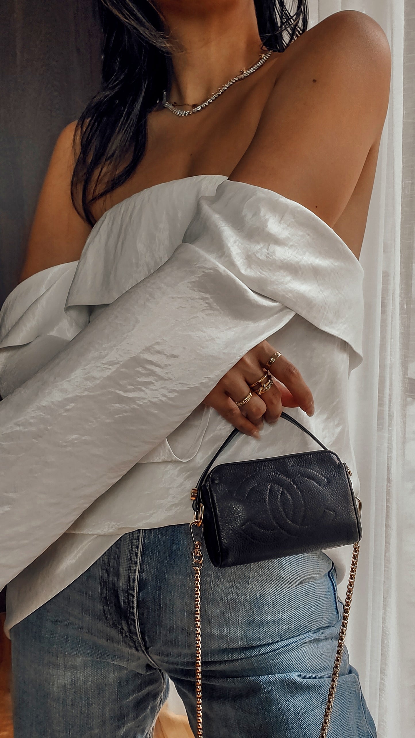 Authentic Chanel Upcycle Mini Black Caviar Pouch with Strap & Chain