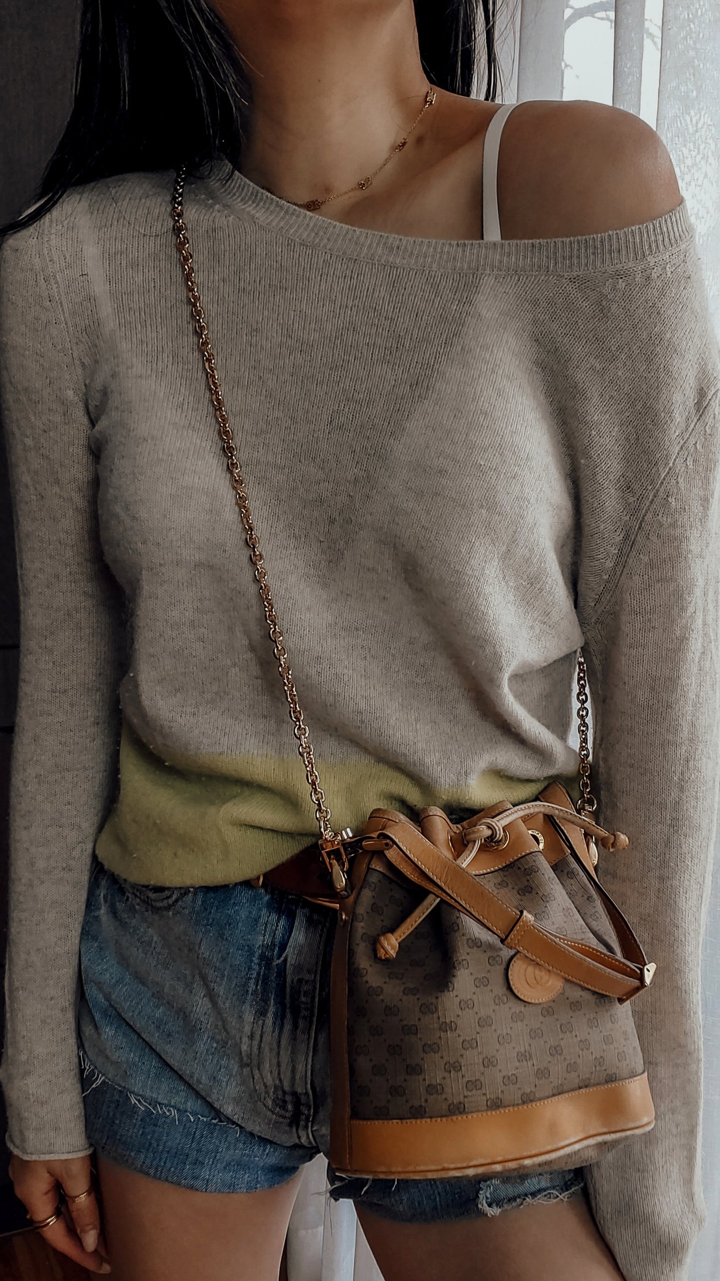 Authentic Vintage Gucci Small Tan Bucket Bag with Chain