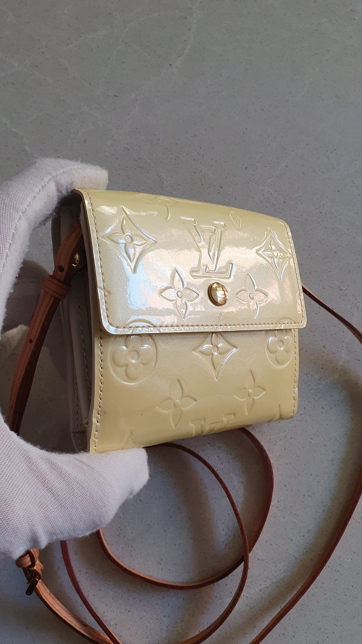 Authentic Louis Vuitton Upcycle Small Yellow Vernis Compact Wallet with Strap