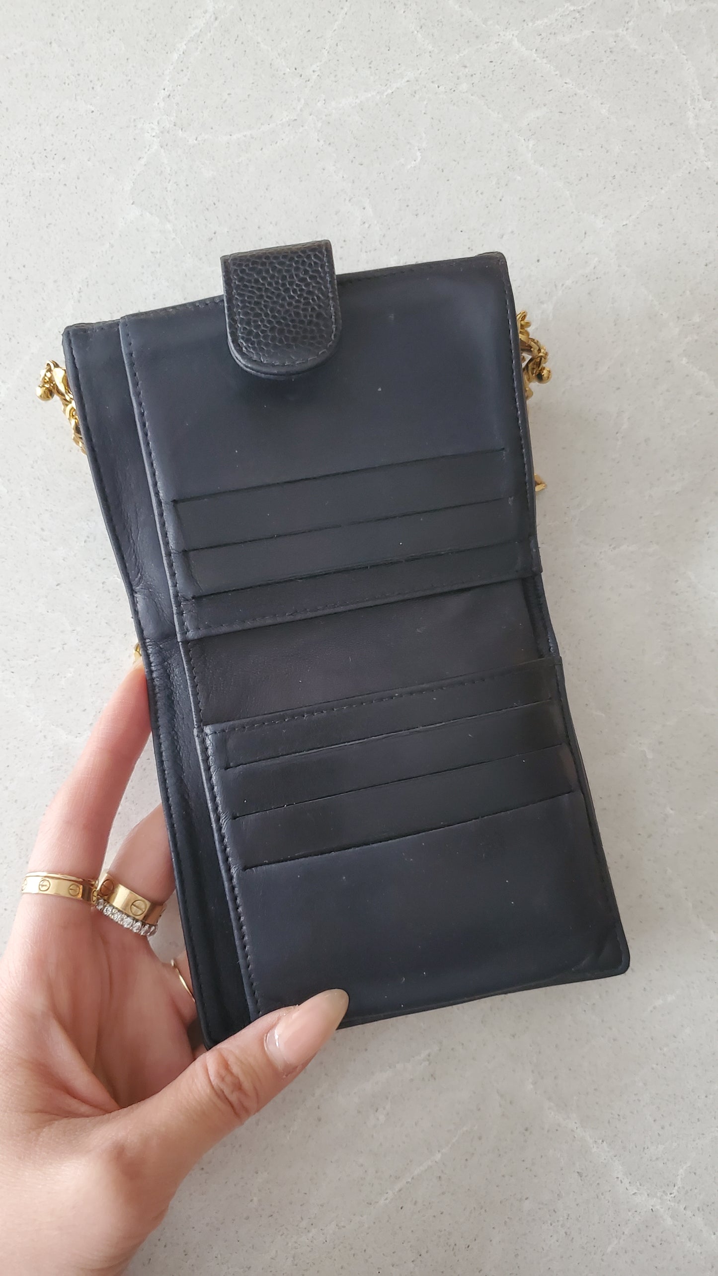 Authentic Vintage Chanel Upcycle Black Caviar Compact Wallet on Chain