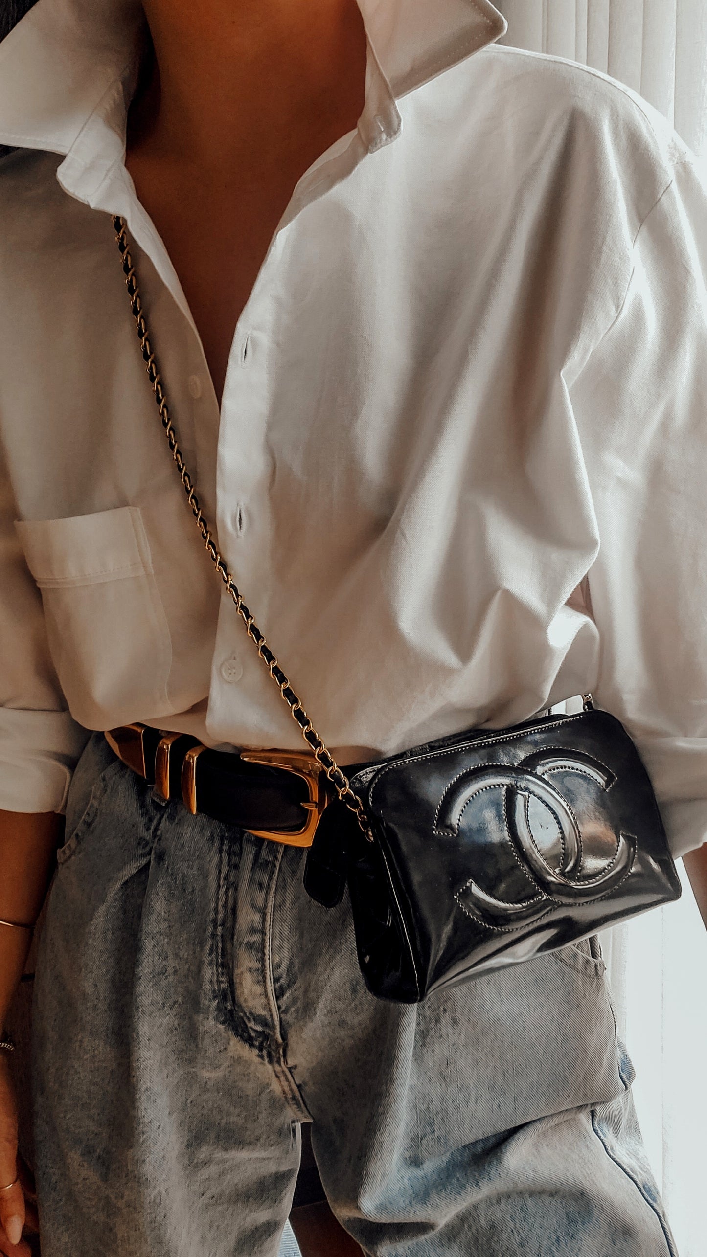 Authentic Vintage Chanel Upcycle Black Patent Pouch with Chain