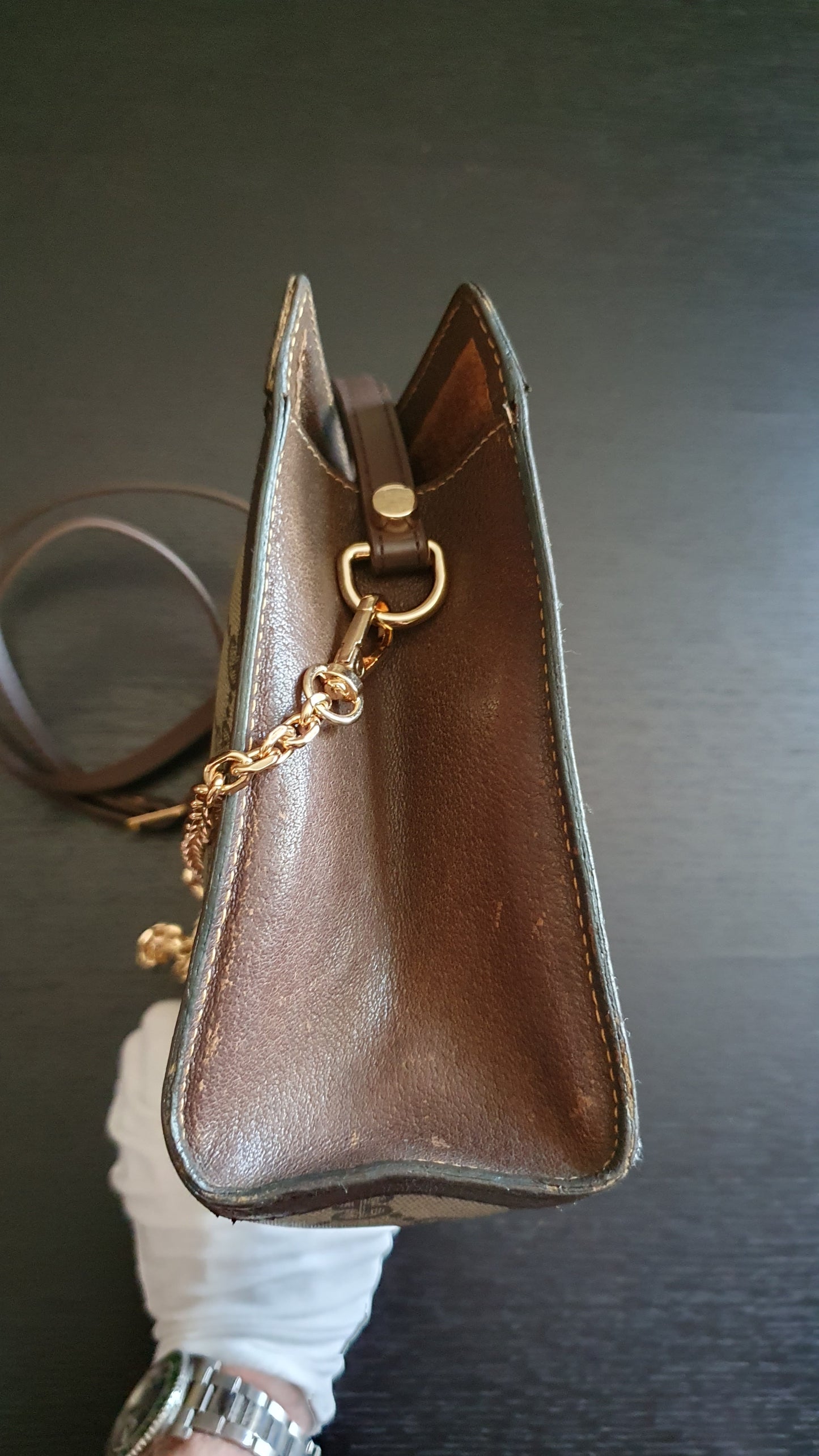 Authentic Vintage Gucci Upcycle Brown Purse (with velcro closing) with Adjustable Strap & Chain
