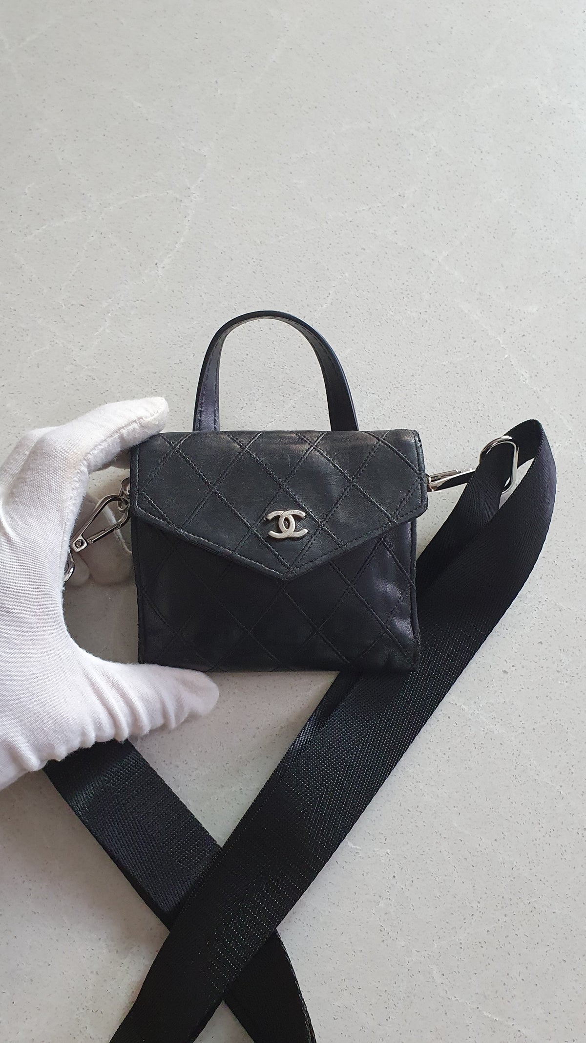 Authentic Chanel (2) Upcycle Small Black Compact Wallet with Single Handle