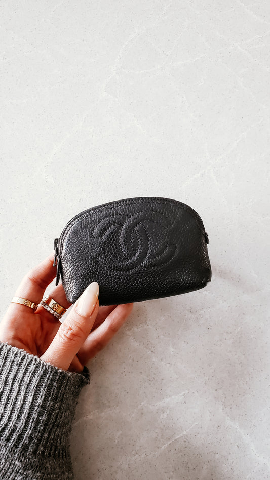 Authentic Chanel Black Caviar Leather Mini Pouch (with added back holding chain)