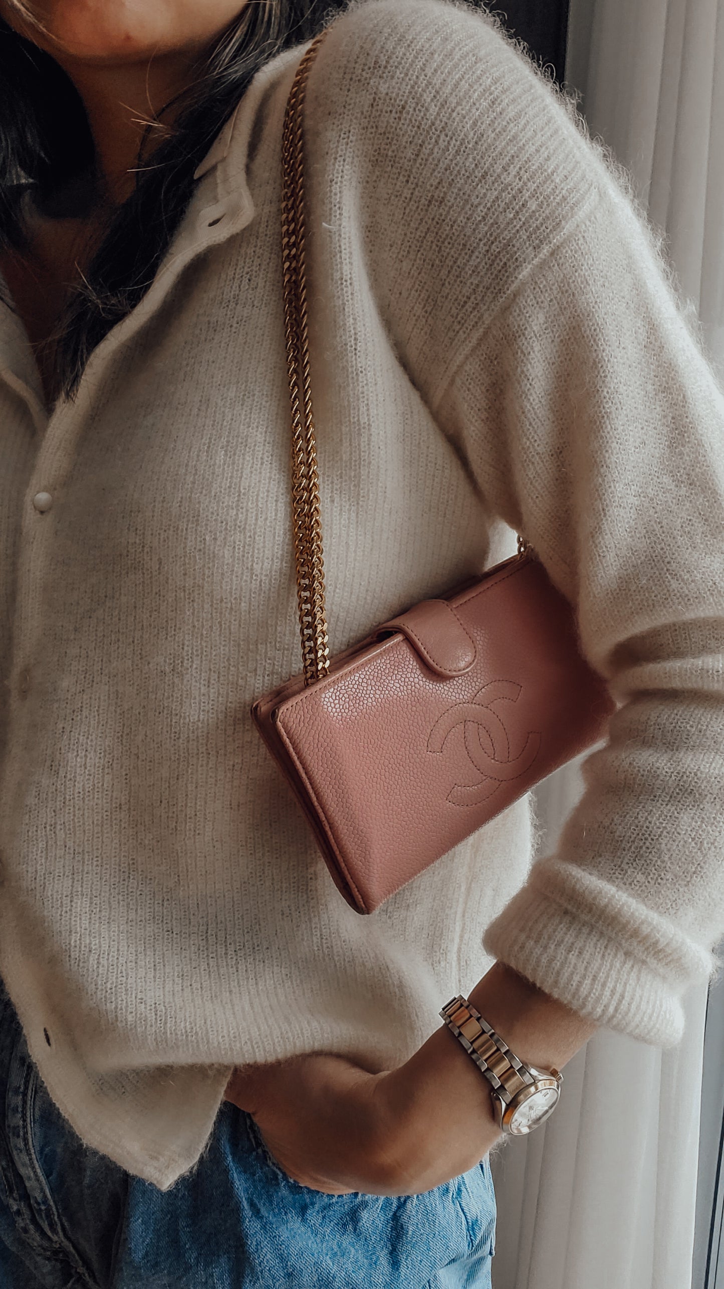 Authentic Chanel Upcycle Pink Caviar Wallet on Chain