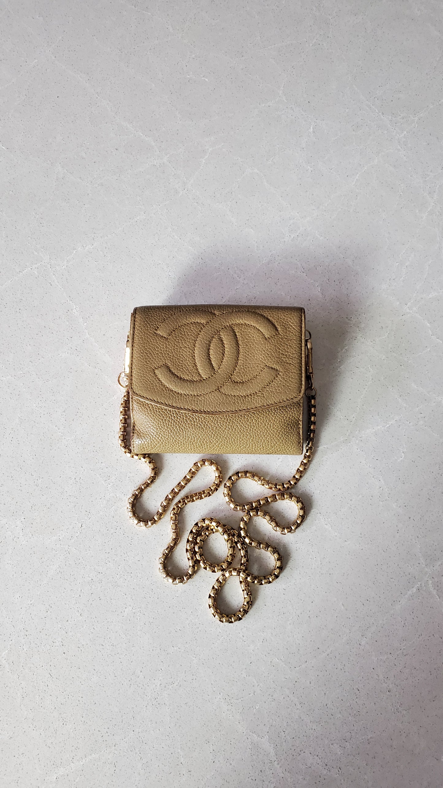 Authentic Chanel Upcycle (Tan) Small Compact Caviar Wallet with Chain