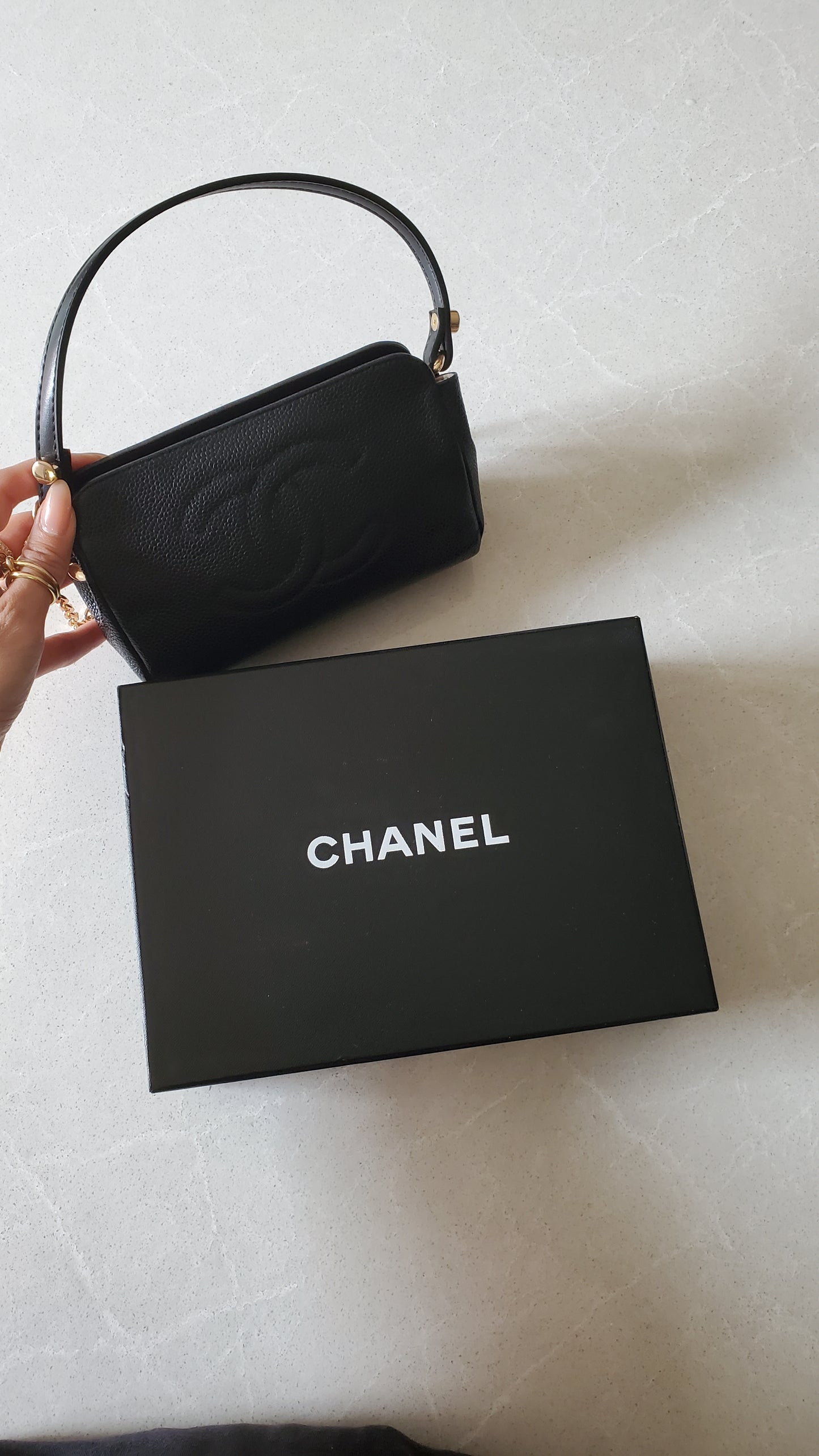 Authentic Vintage Chanel Caviar Perfect Size Upcycle Pouch/ Purse with Handle Strap & Chain
