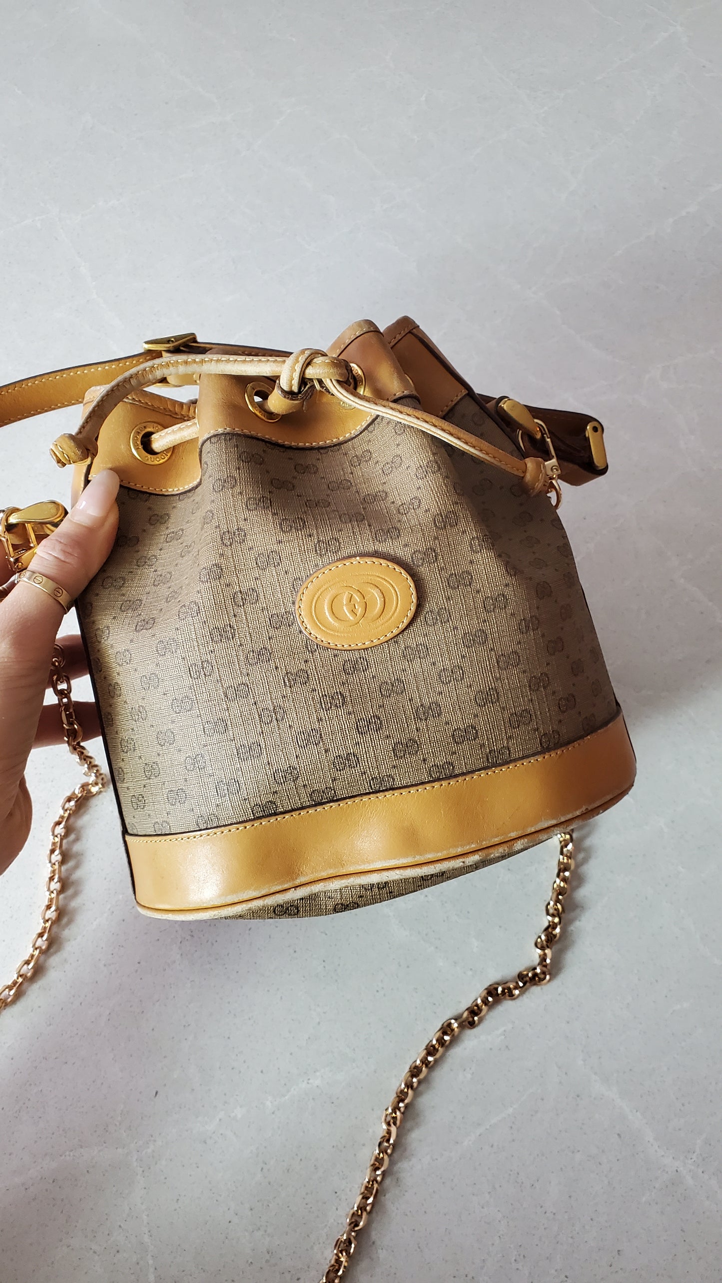 Authentic Vintage Gucci Small Tan Bucket Bag with Chain