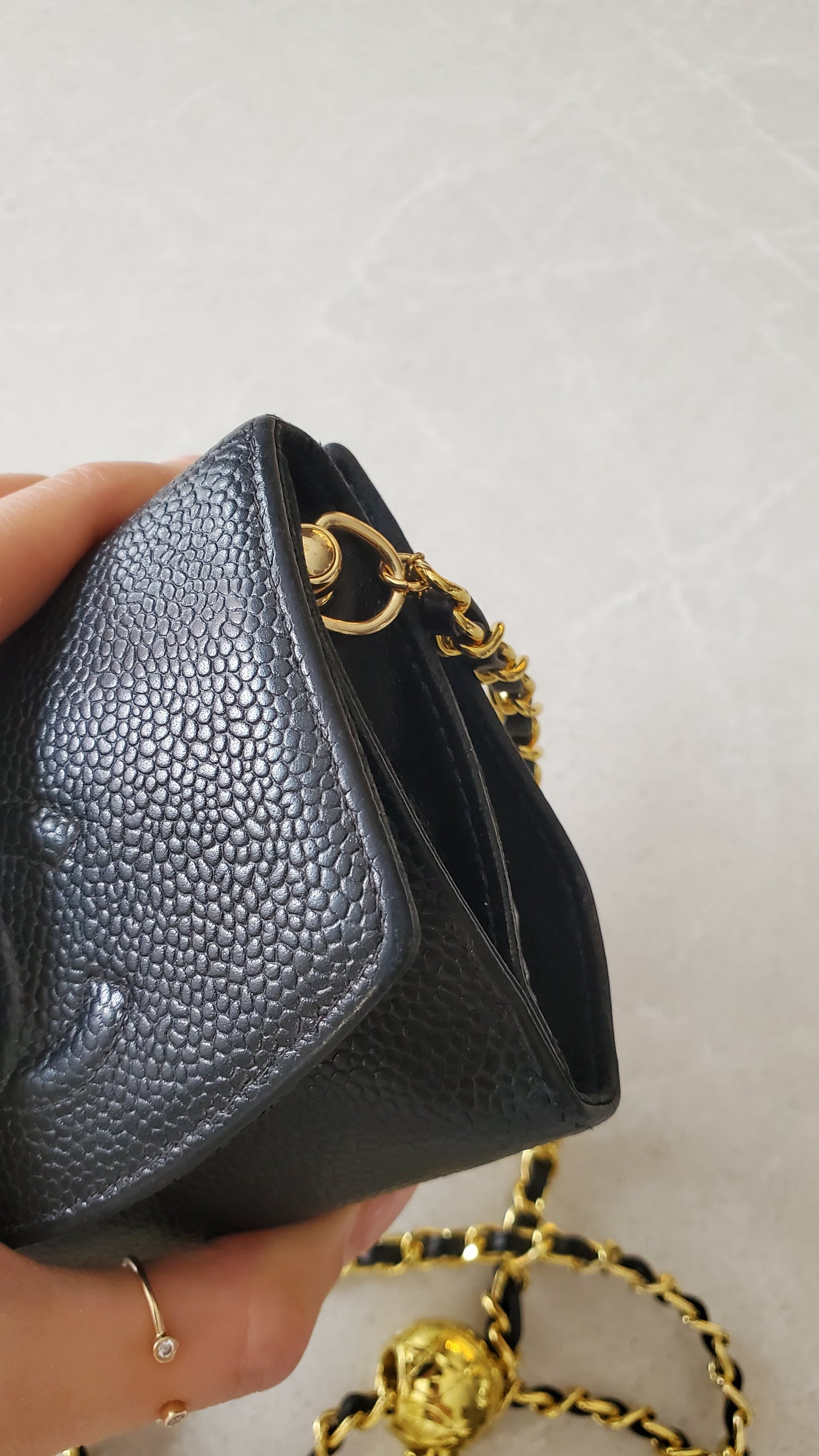 Authentic Vintage Chanel Upcycle Black Caviar Compact Wallet on Chain