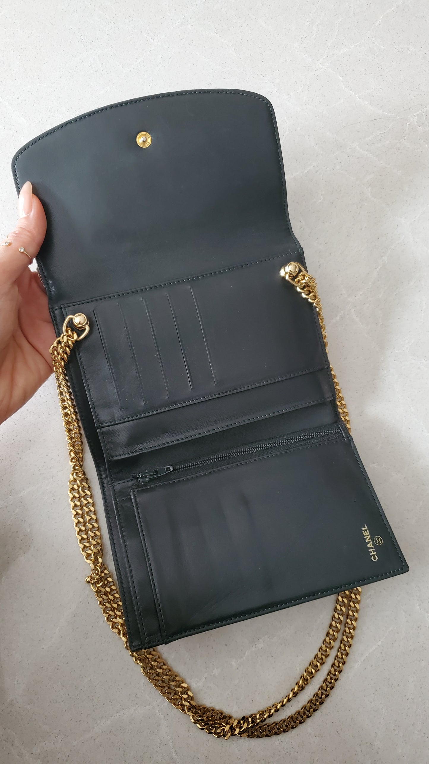 Authentic Chanel Upcycle Green Caviar Wallet on Chain