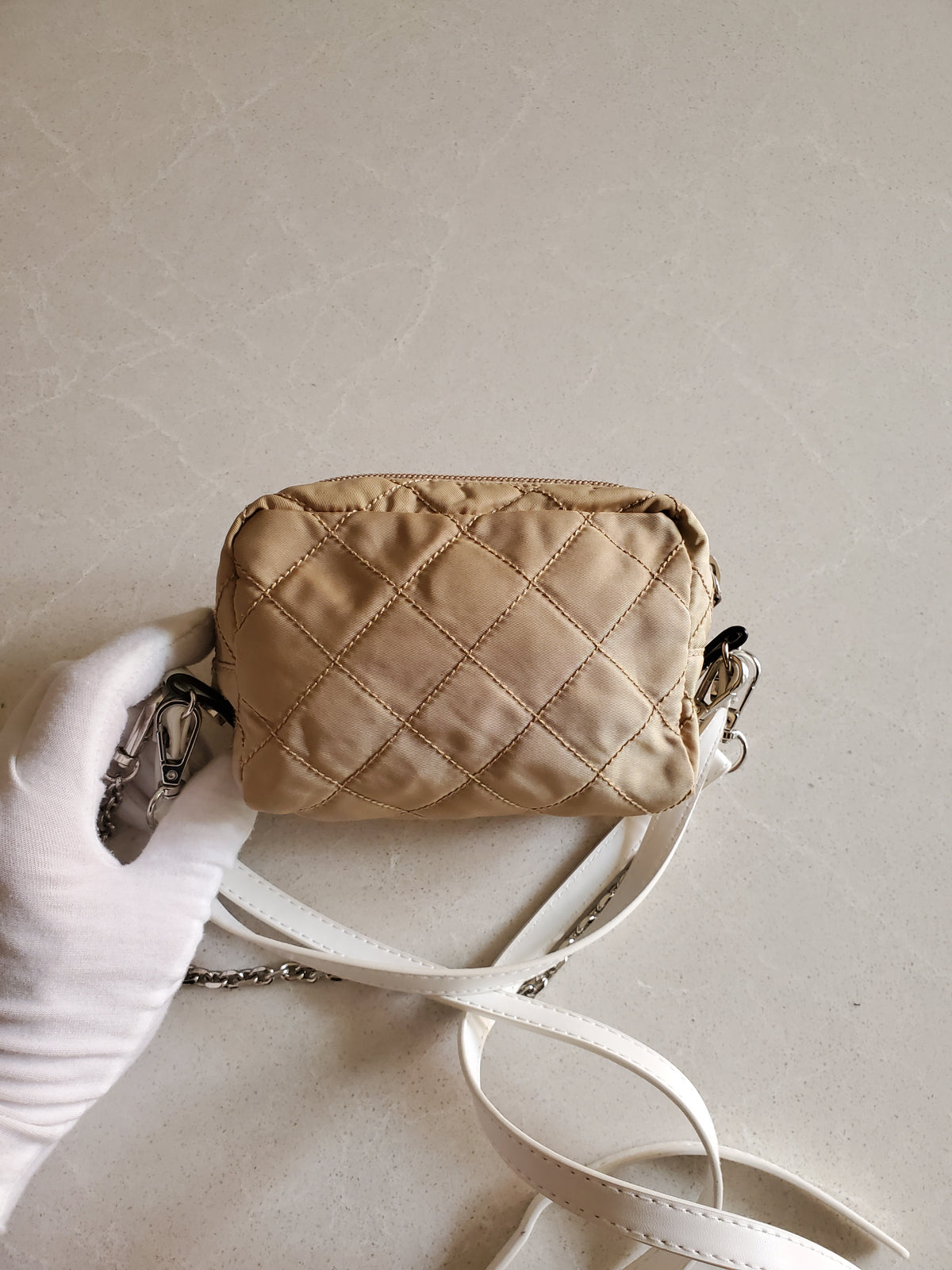 Authentic Prada Upcycle Versatile Beige Nylon Pouch with Chain & Straps (upgraded version)