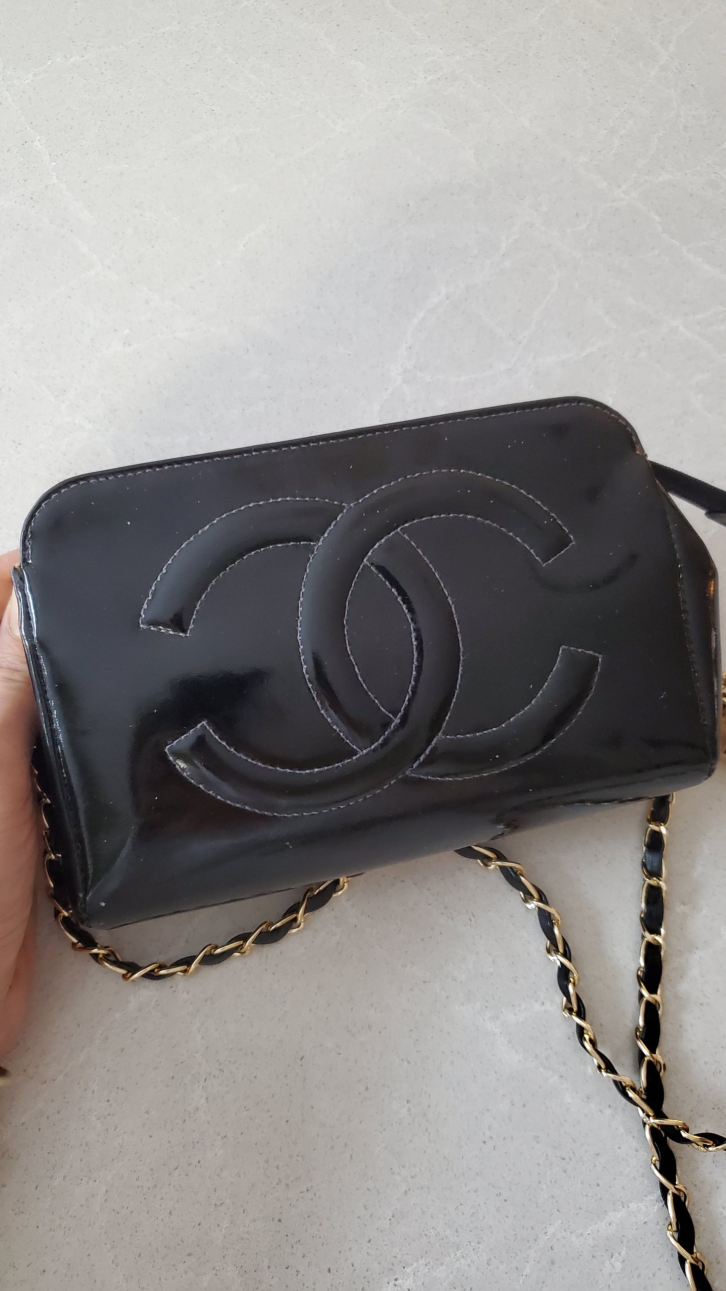 Authentic Vintage Chanel Upcycle Black Patent Pouch with Chain