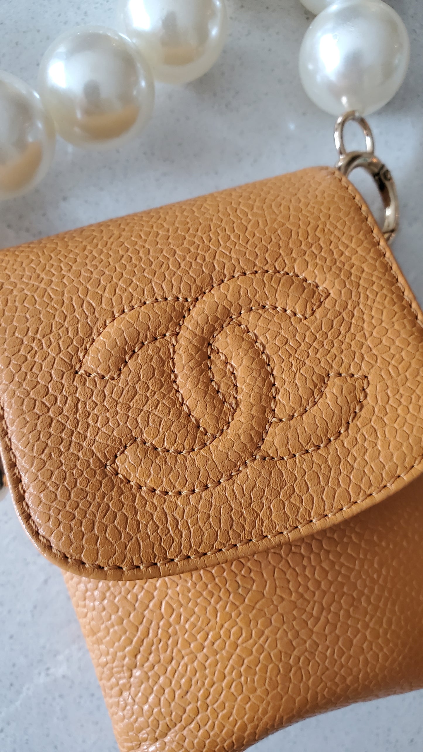 *Rare* Authentic Vintage Chanel Upcycle Yellow Caviar Pouch on Chain (2 chain options)